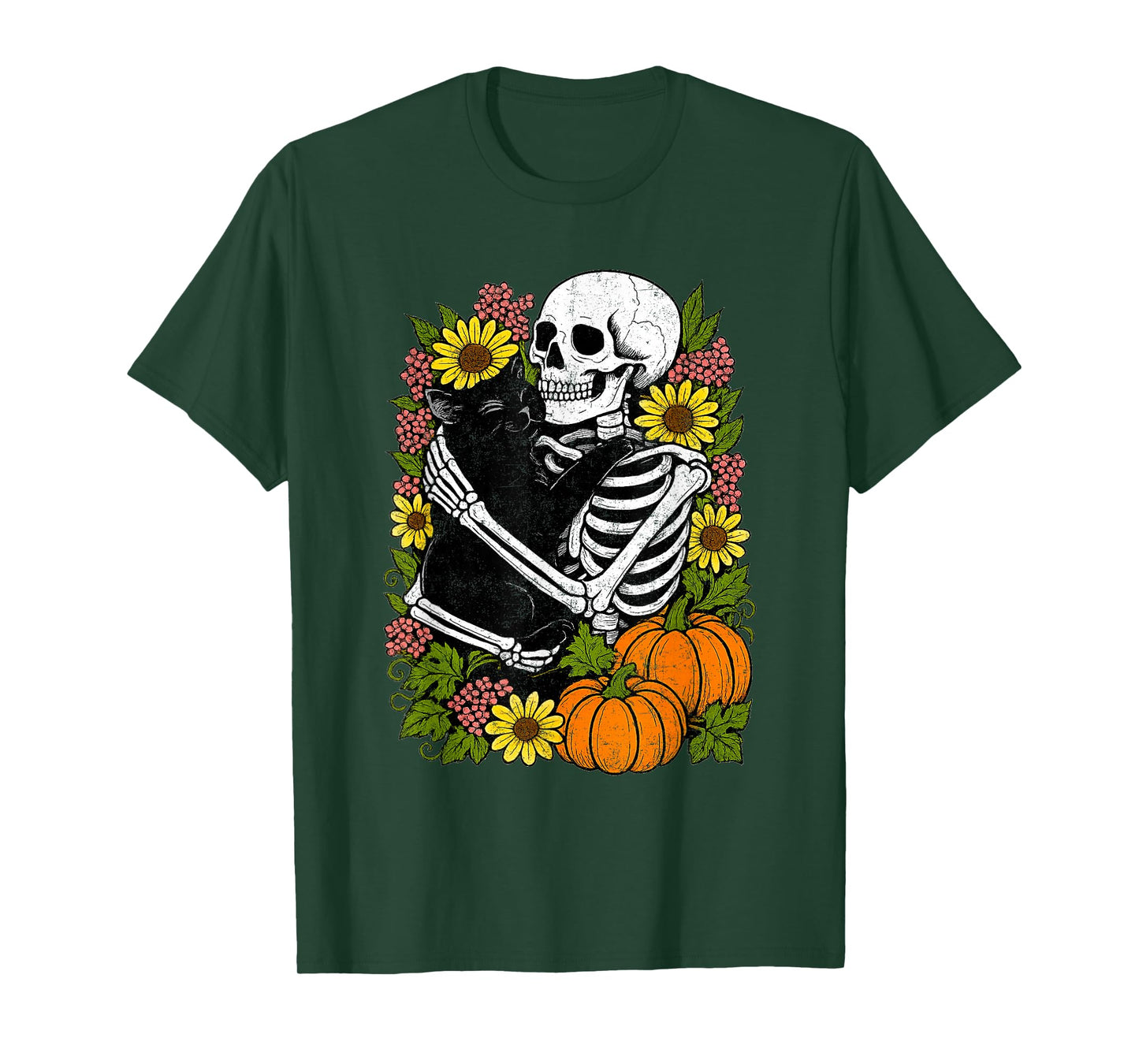Skeleton Hugging Black Cat Funny Halloween Cats Lover T-Shirt