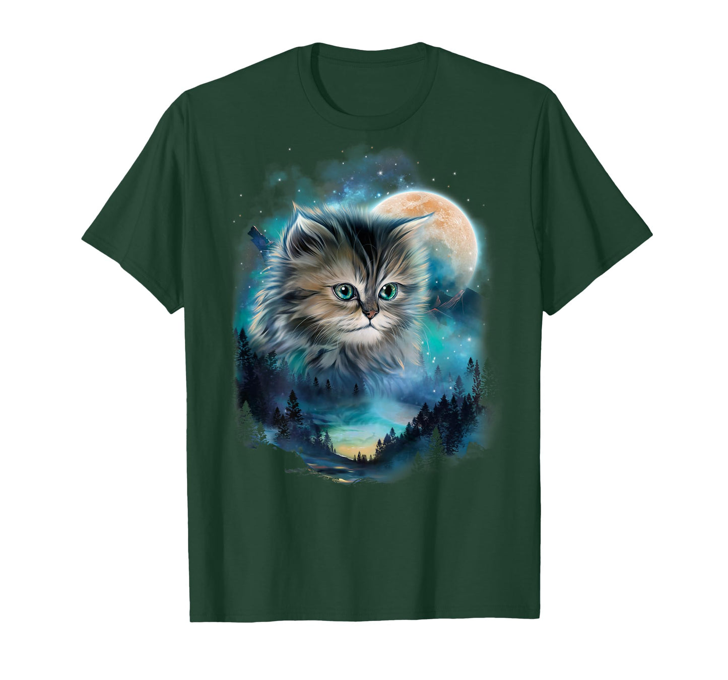 Mystical Cat Under Moonlit Forest Sky Men Women Kids T-Shirt