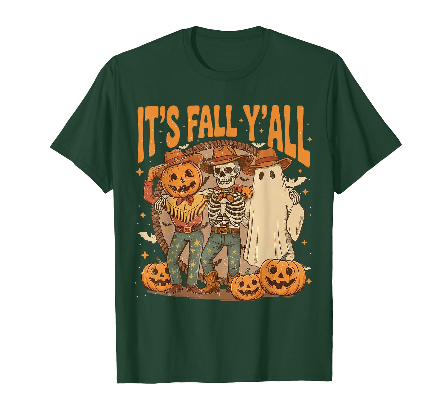 Cowboy Ghost Pumpkin Head Skeleton Its Fall Yall Spooky Gang T-Shirt