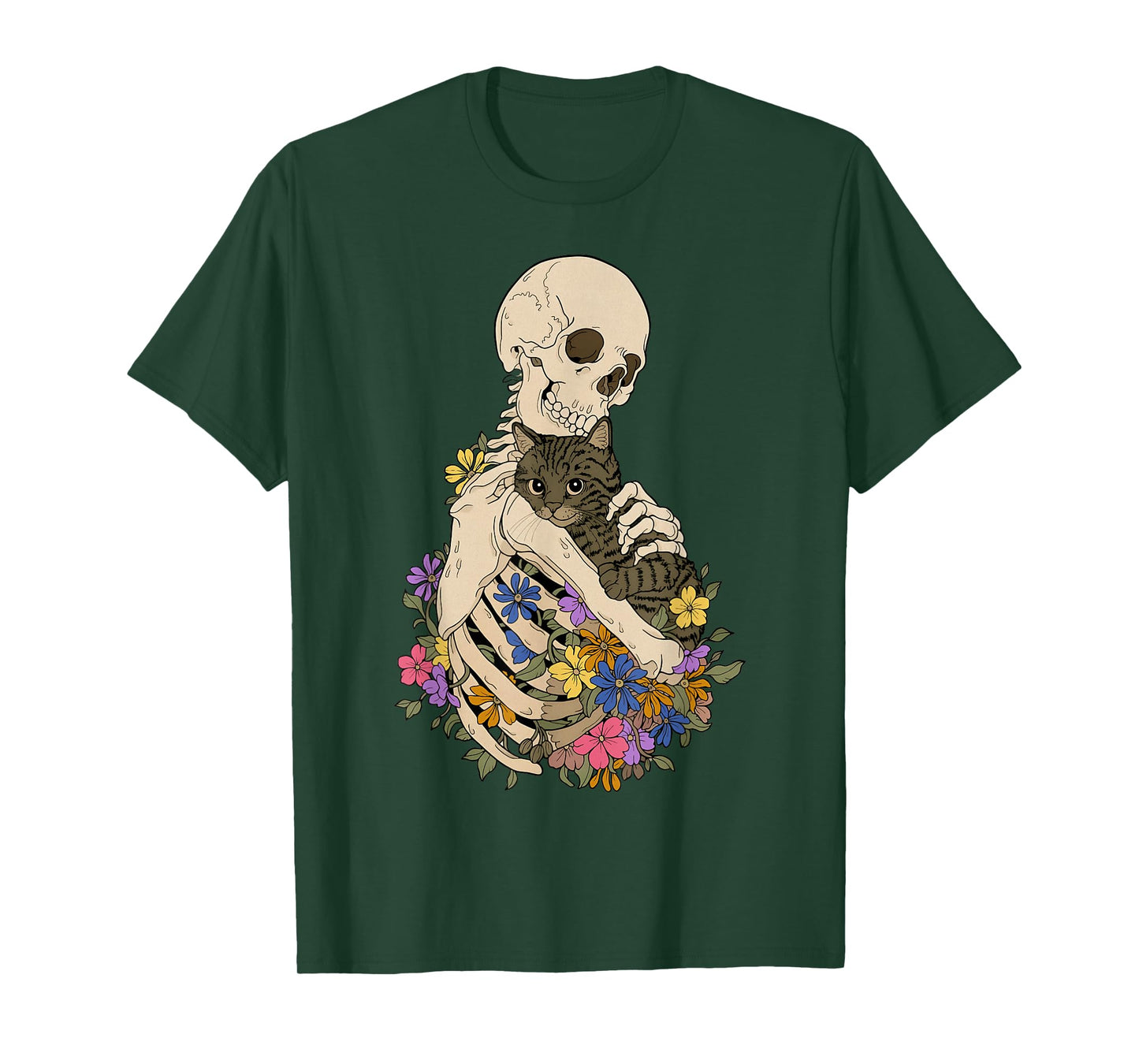 Skeleton Hugging Cat Floral Halloween Cats Lovers T-Shirt