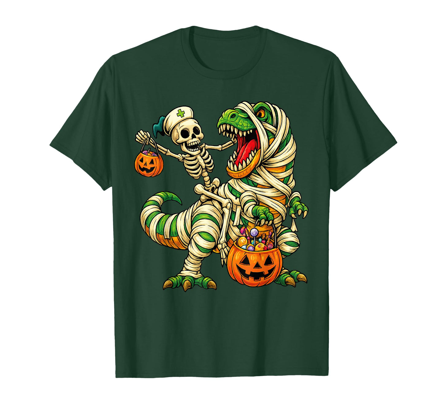 Skeleton Riding Mummy Dinosaur T rex Halloween Funny Pumpkin T-Shirt