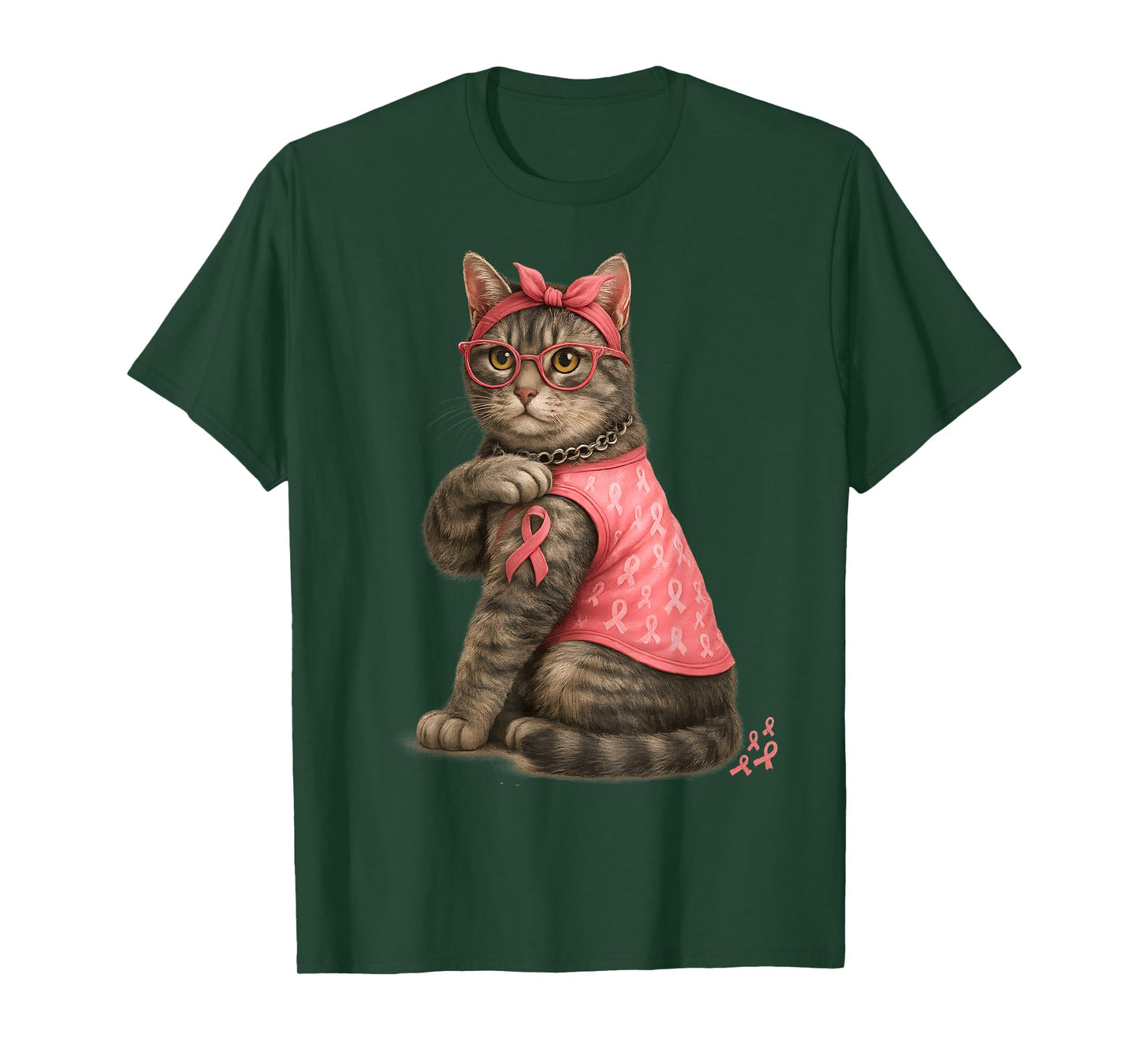Gray Tabby Cat Pink Ribbon Breast Cancer Awareness Kitty T-Shirt