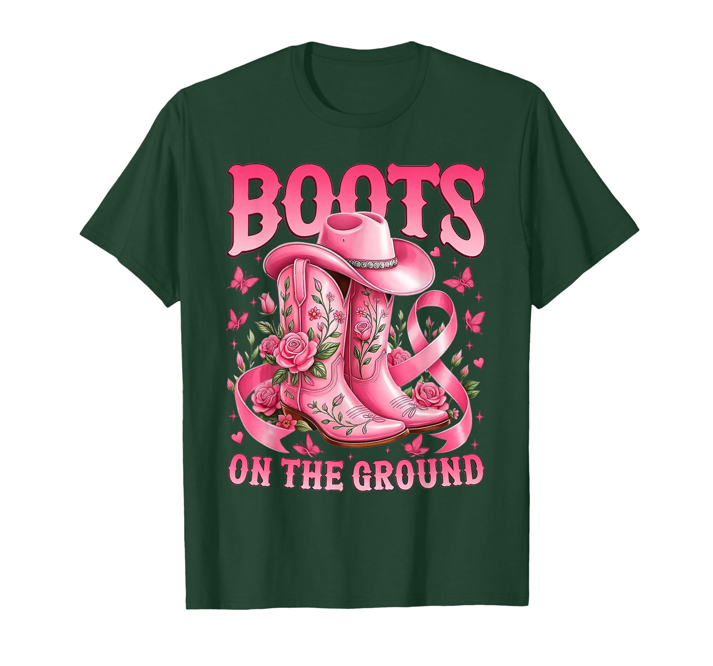 Boots On The Ground Pink Cowgirl Breast Cancer Western T-Shirt