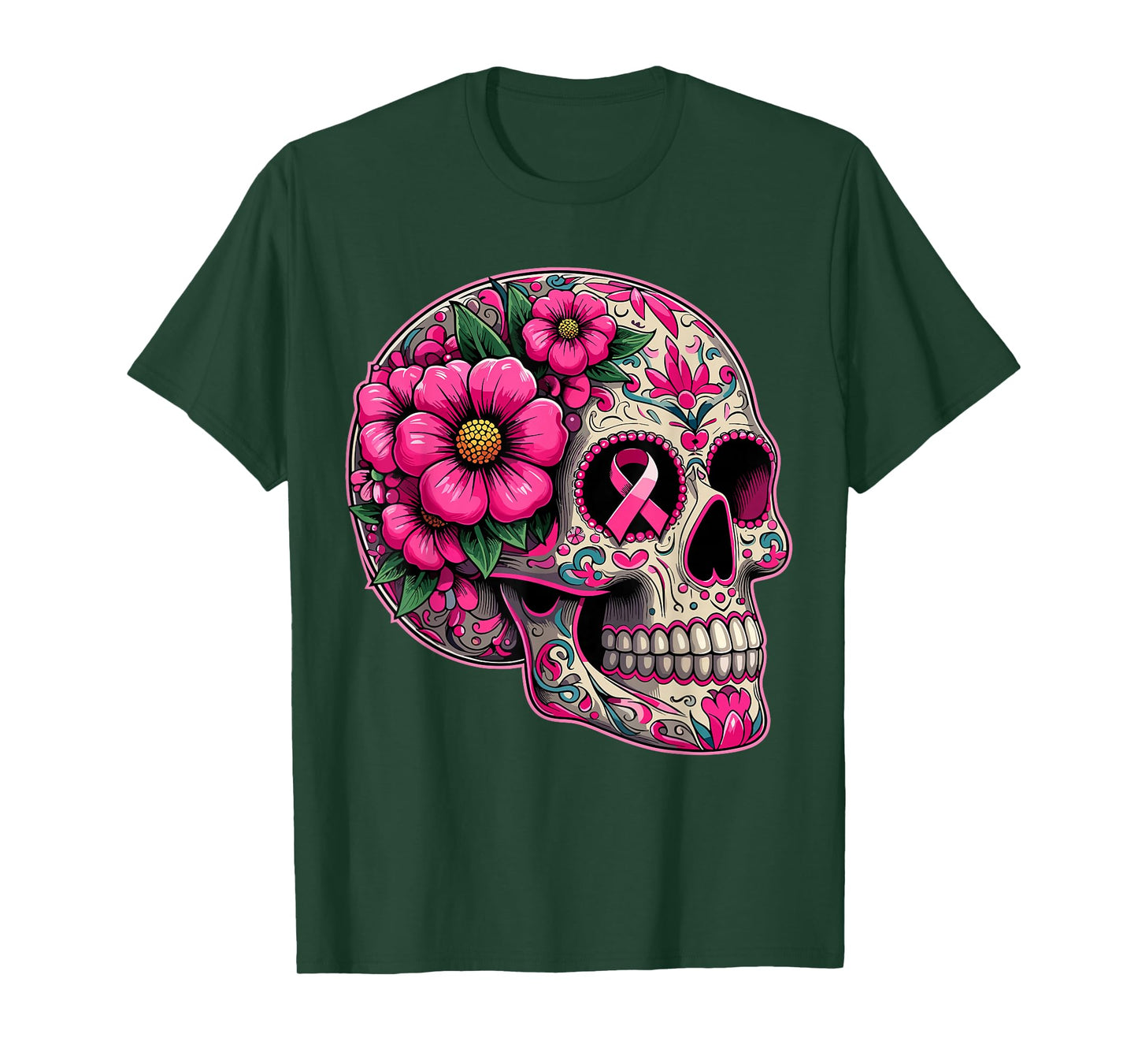 Sugar Skull Pink Ribbon Calavera Breast Cancer Awareness T-Shirt