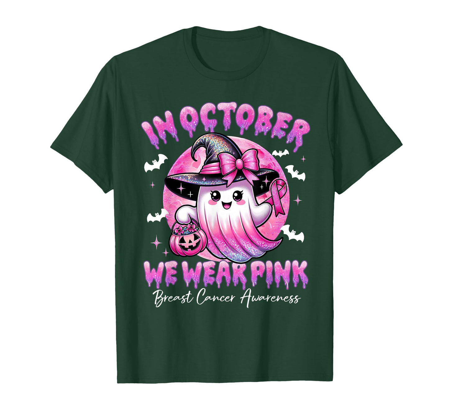 In October We Wear Pink Ghost Witch Breast Cancer Awareness T-Shirt