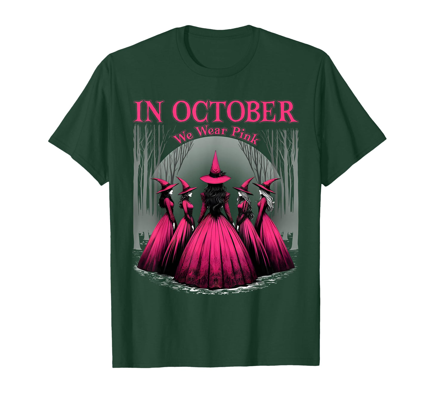 in October We Wear Pink Halloween Witch Witchy Breast Cancer T-Shirt