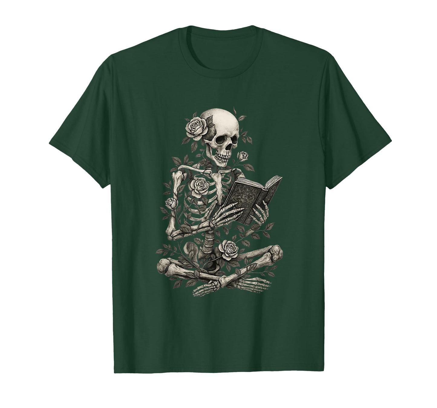 Skeleton Reading Flowers Creepy Halloween T-Shirt