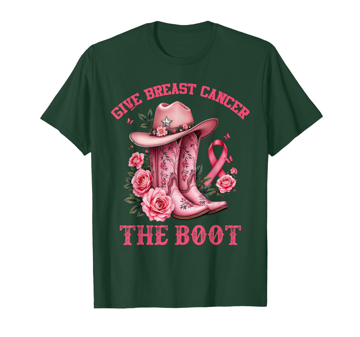 Give Breast Cancer The Boot Cowgirl Cancer Awareness Ribbon T-Shirt