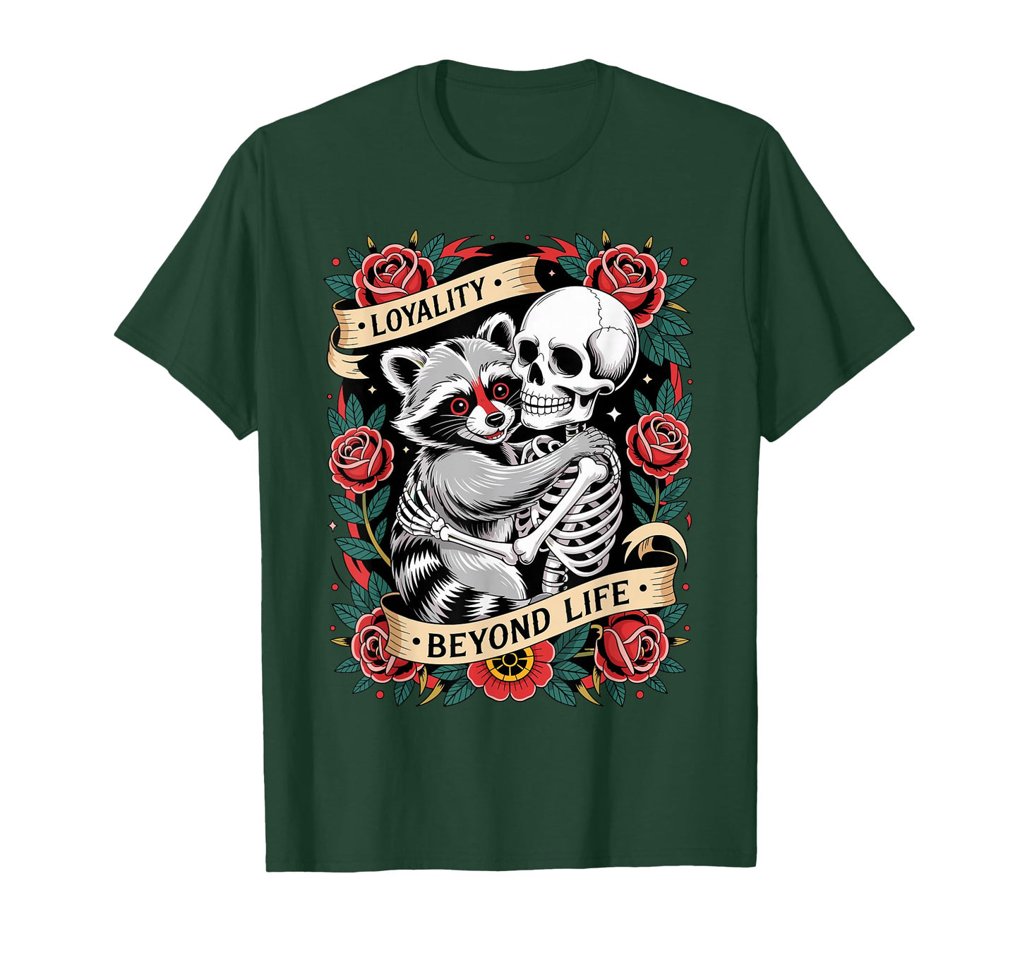 Funny Skeleton and Raccoon Loyalty Beyond Life Tattoo Style T-Shirt
