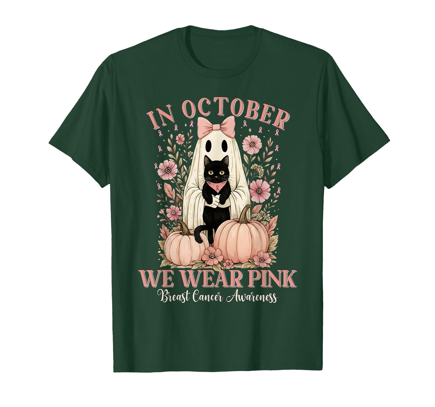 in October We Wear Pink Ghost Halloween Cat Breast Cancer T-Shirt