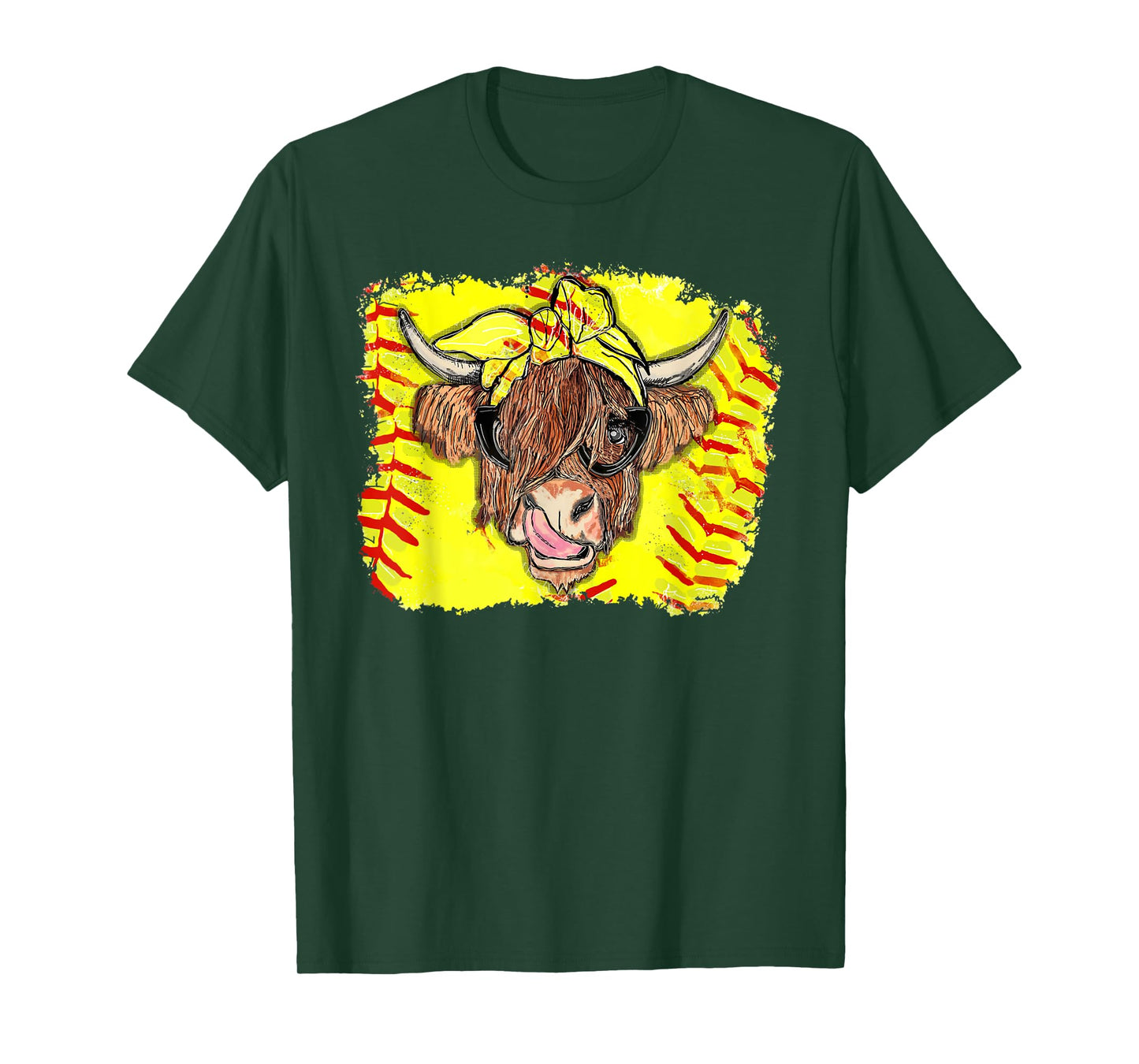 Softball Highland Cow With Bandana Glasses Happy Mother's T-Shirt