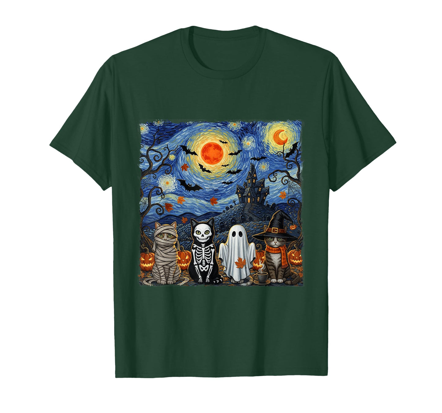 Funny Black Cat Ghost Witch Halloween Costume Starry Night T-Shirt