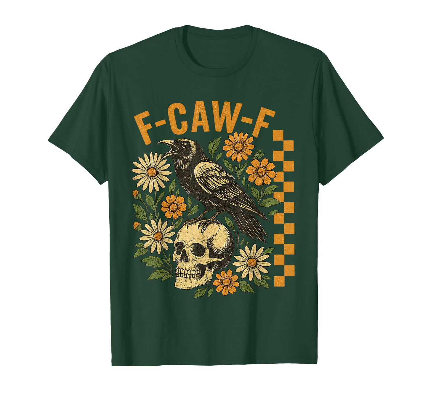 Crow Raven F-CAW-F Funny Halloween Gothic Floral Checkered T-Shirt