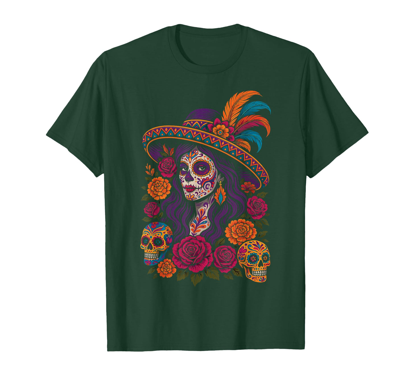Day of The Dead Dia De Los Muertos Floral Sugar Skull Woman T-Shirt