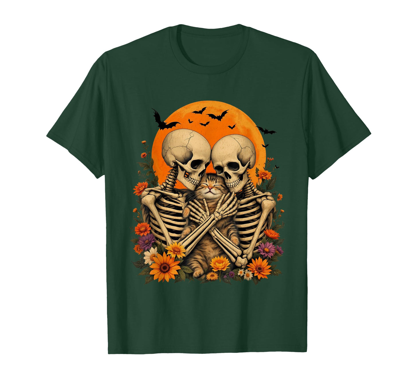 Skeleton Hugging Cat Floral Halloween Cat Lover Mom Costume T-Shirt