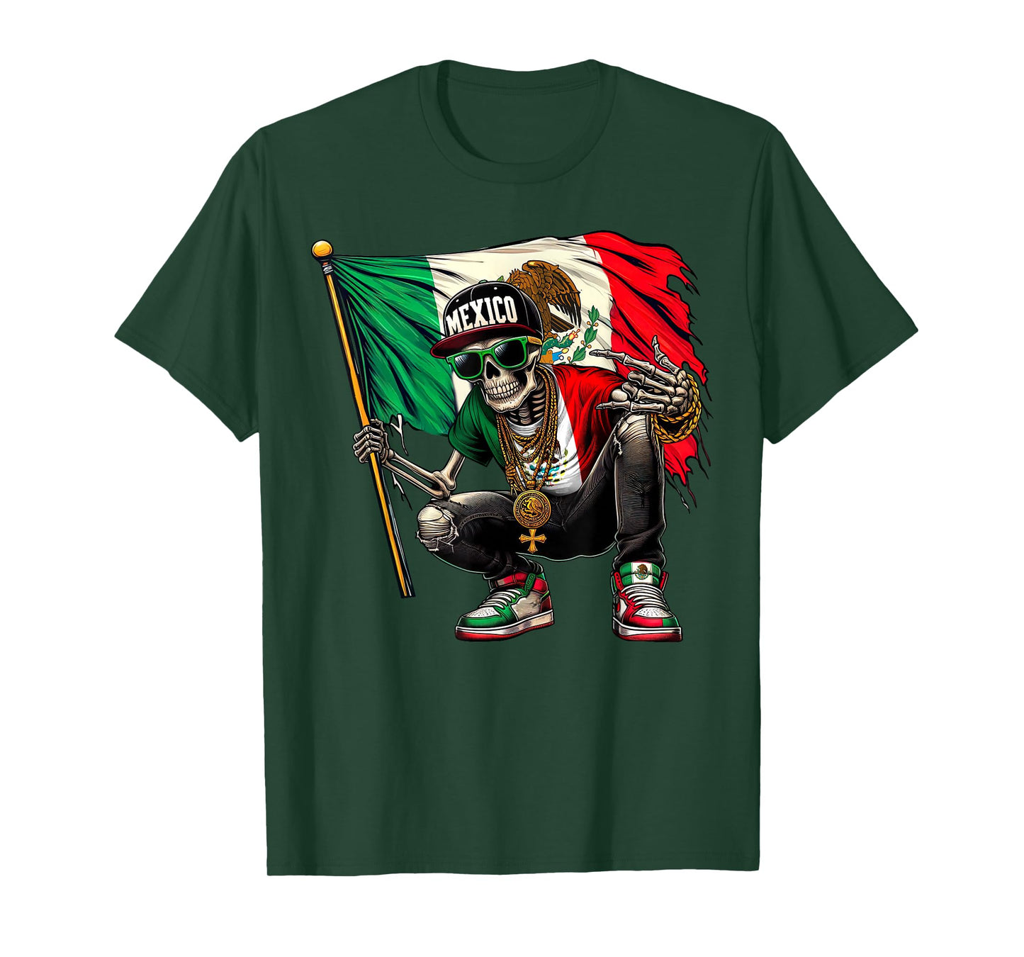 Distressed Mexico Flag Skull Rock Skeleton Shirts Men Boys T-Shirt