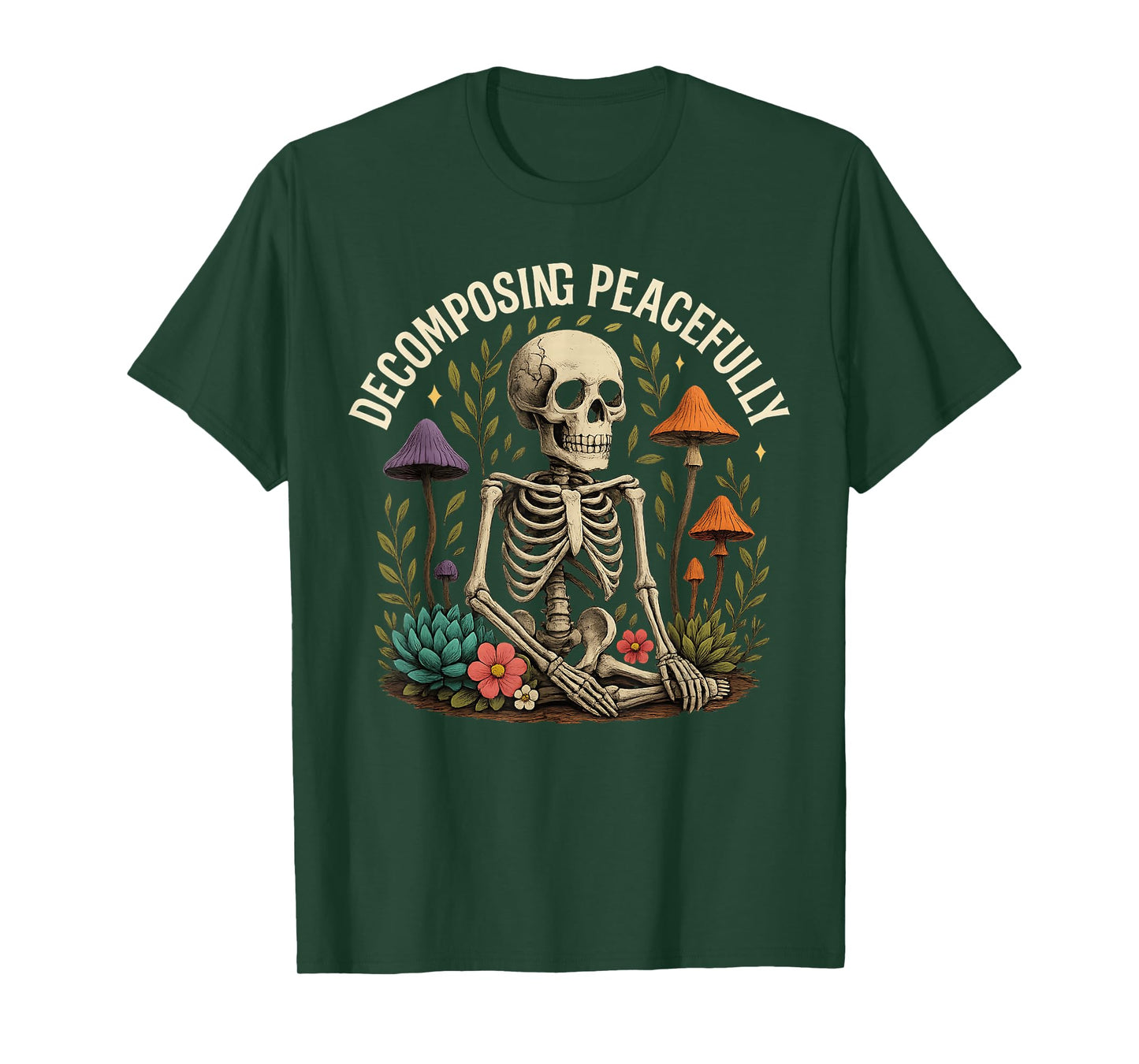 Skeleton Decomposing Peacefully Halloween Gardening Humor T-Shirt