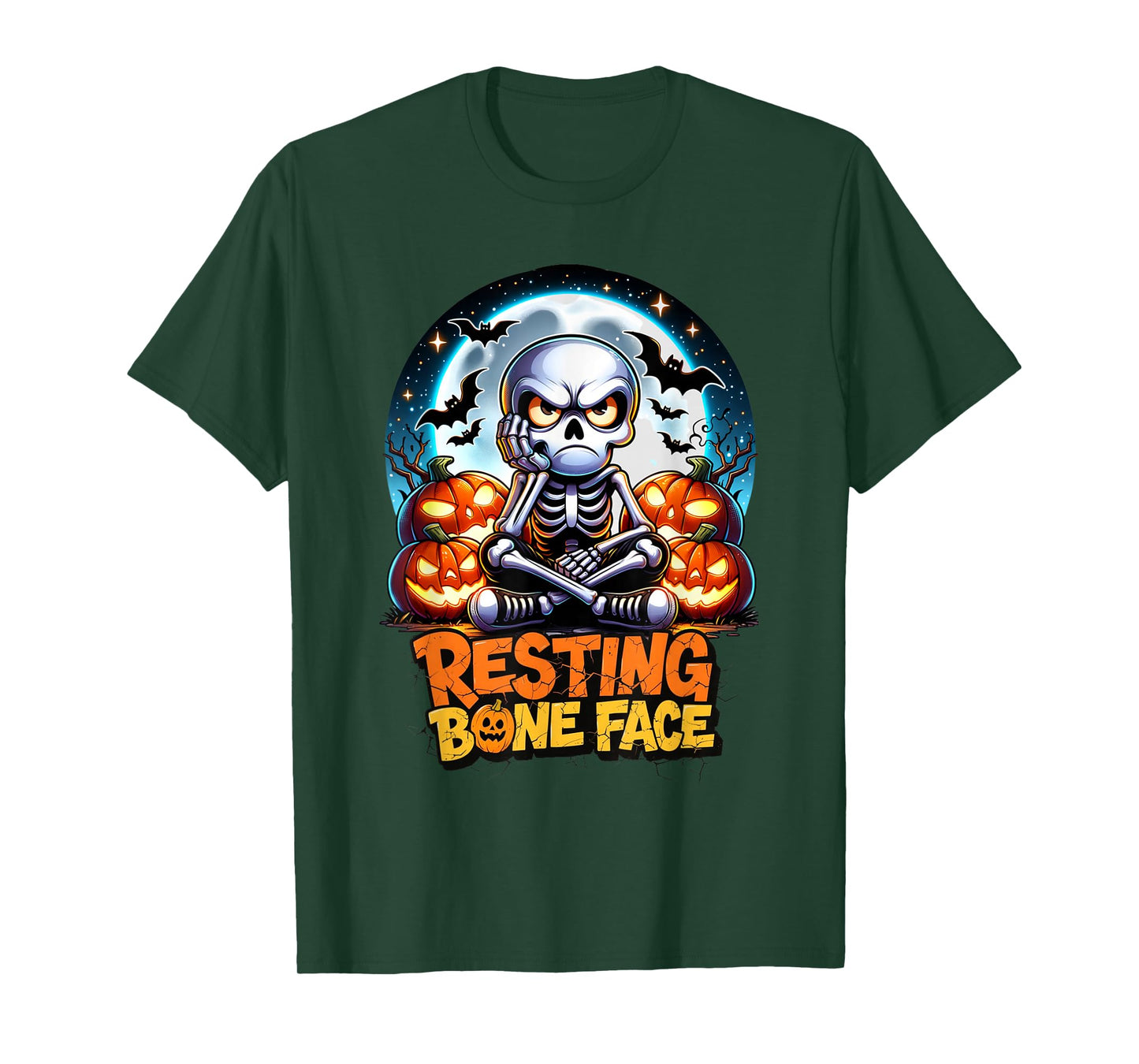 Halloween Resting Bone Face Funny Skeleton Pumpkin Moon T-Shirt