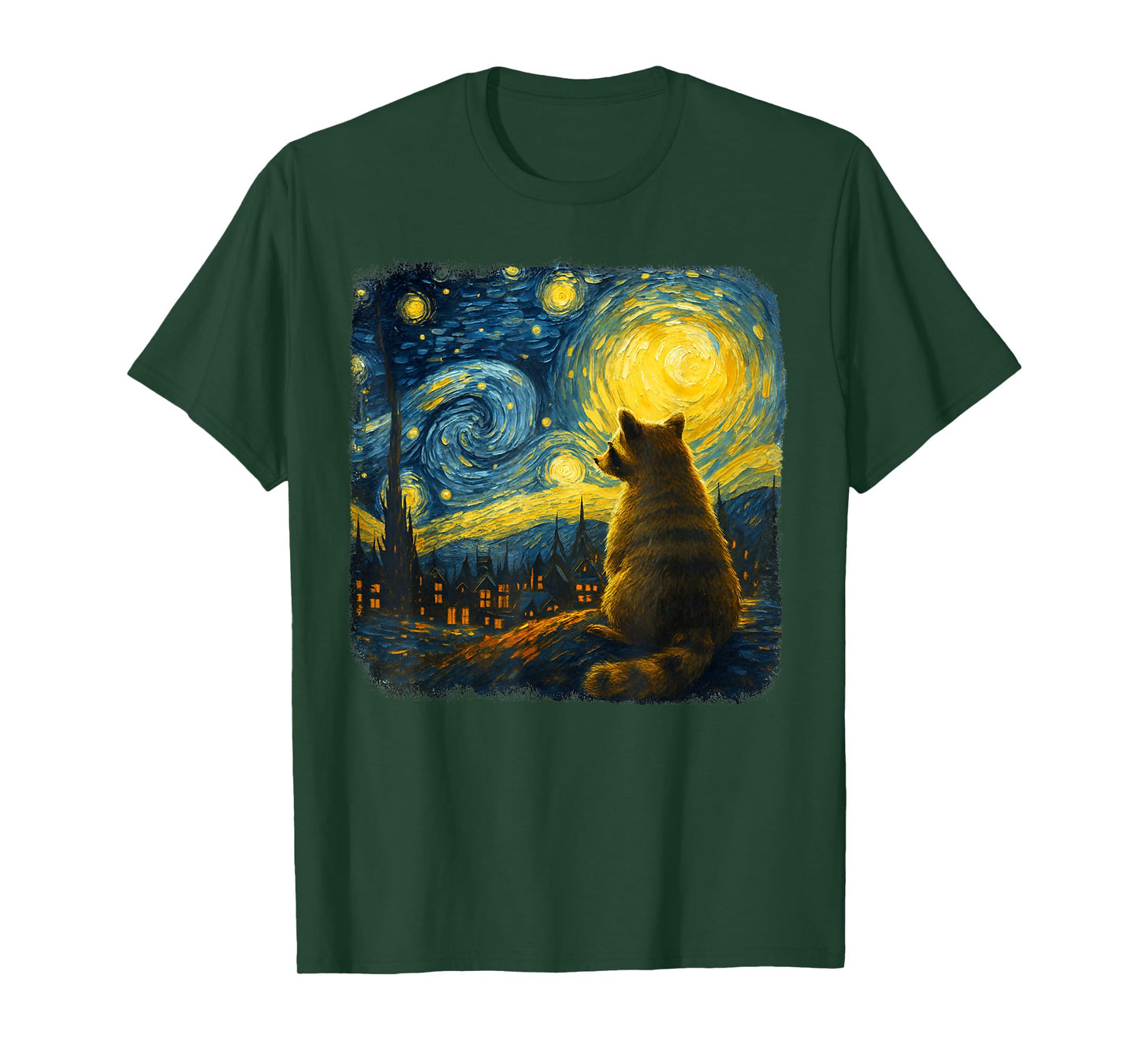 Raccoon Watching Starry Night Sky Moon Artistic Scene Animal T-Shirt
