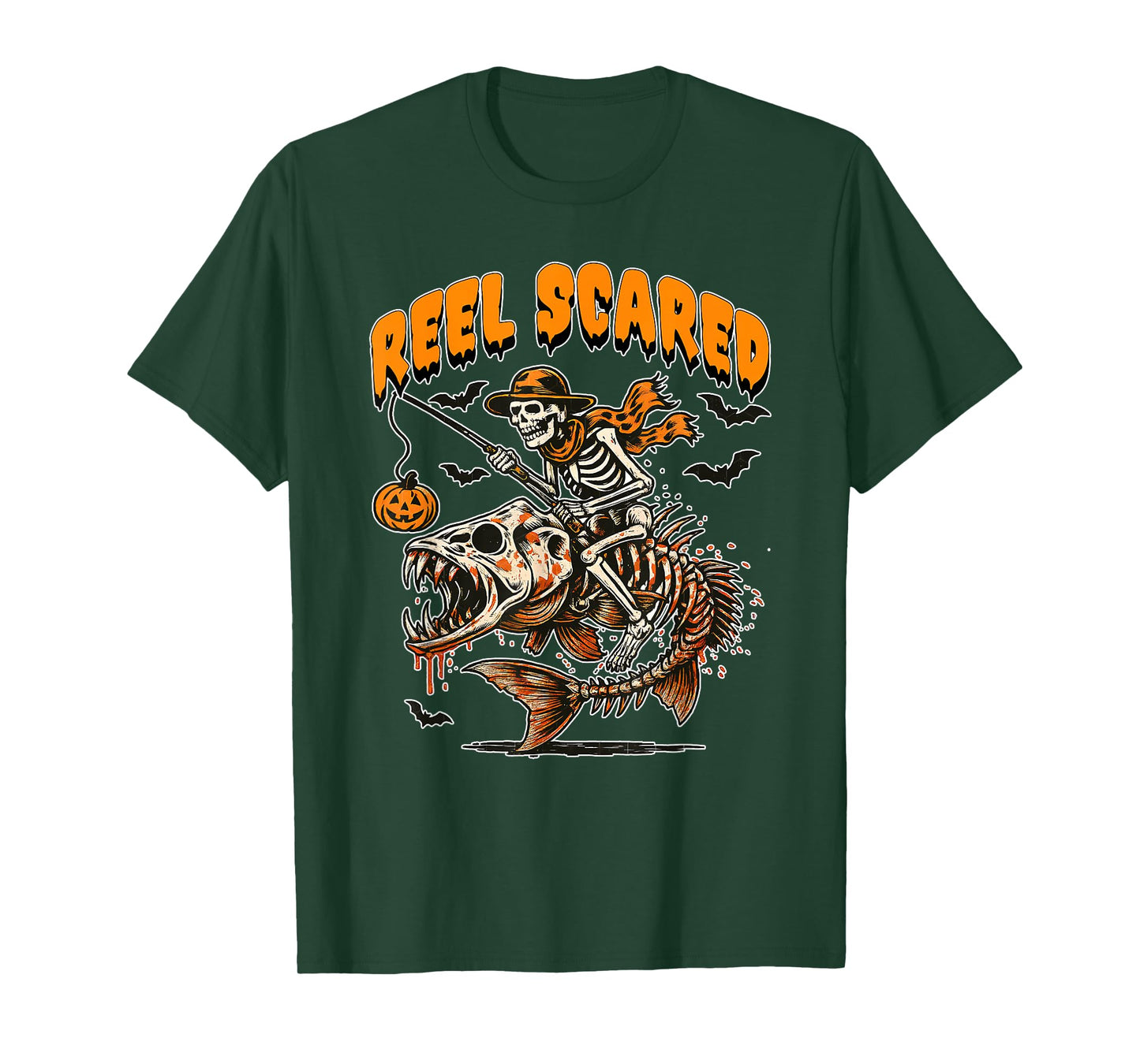 Mens Reel Scared Funny Halloween Skeleton Fisherman Fishing T-Shirt