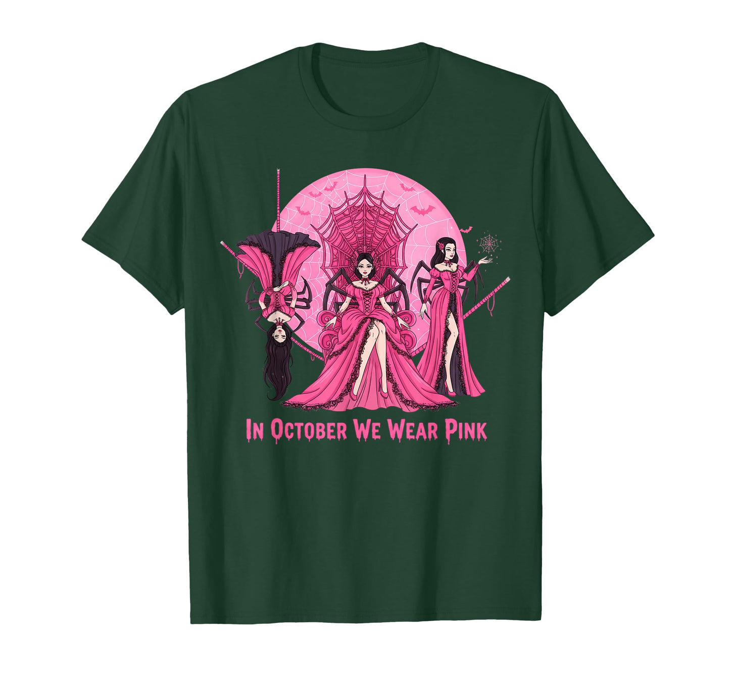 October We Wear Pink Spider Witch Halloween Breast Cancer T-Shirt