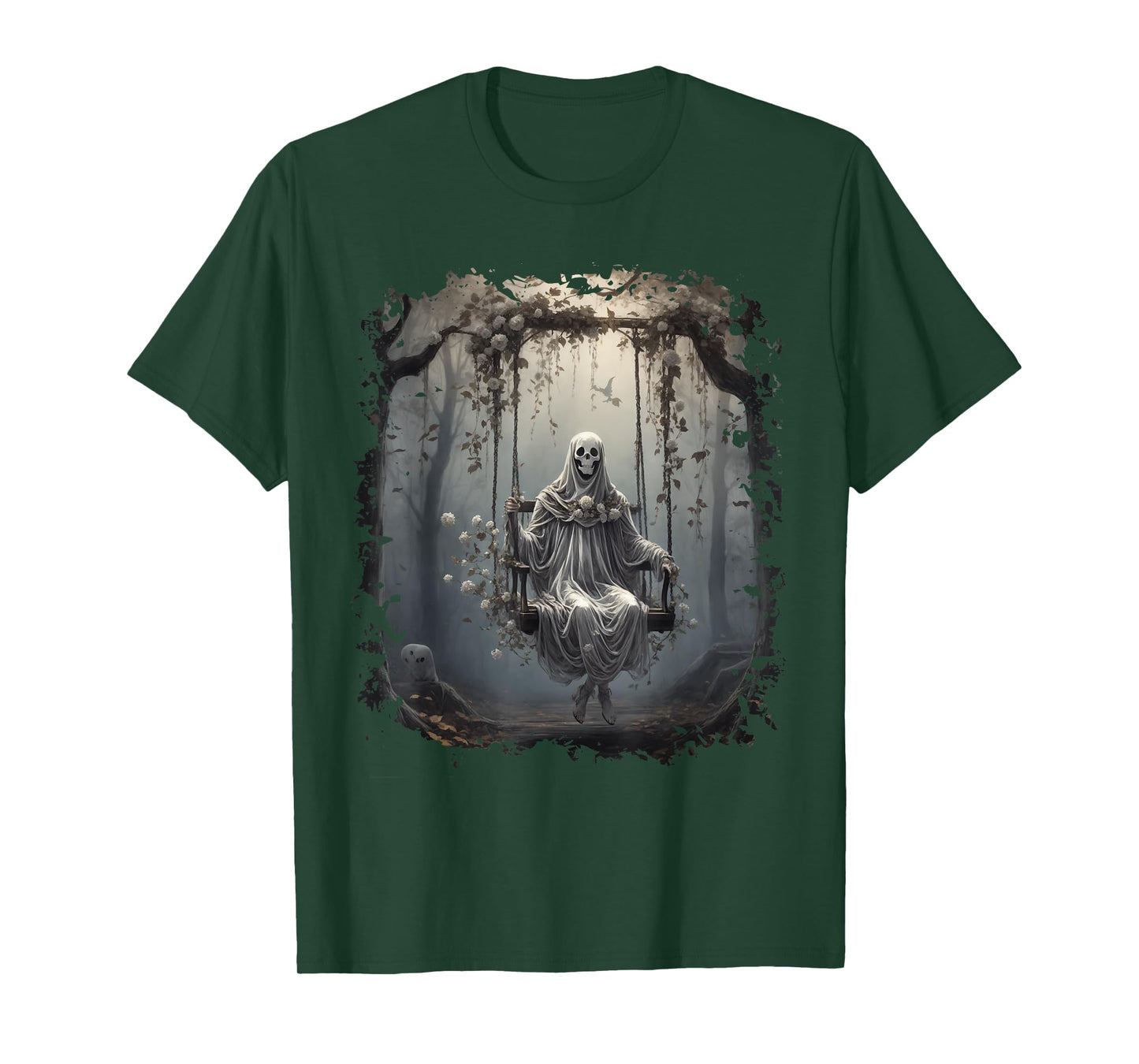 Vintage Floral Ghost On Swing In Forest Halloween Gothic T-Shirt