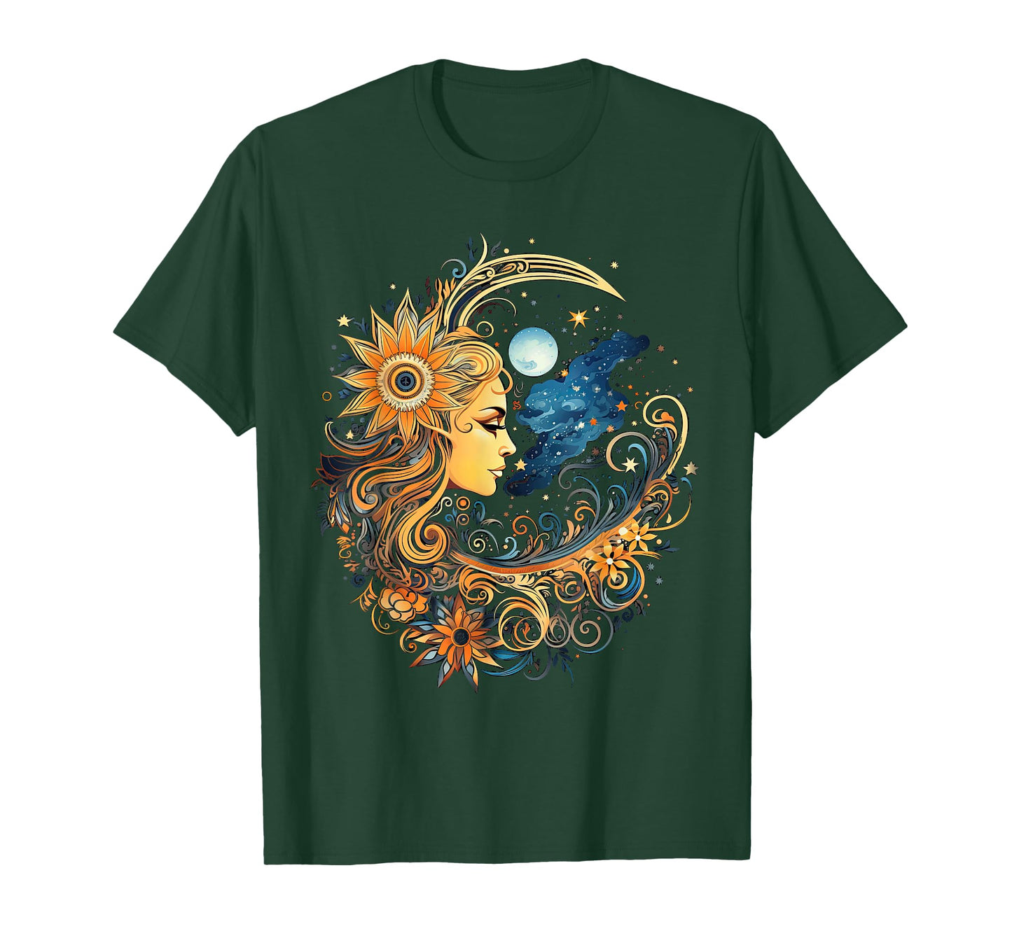 Mystical Sun and Moon with Woman Mystical Flowers Aesthetic T-Shirt