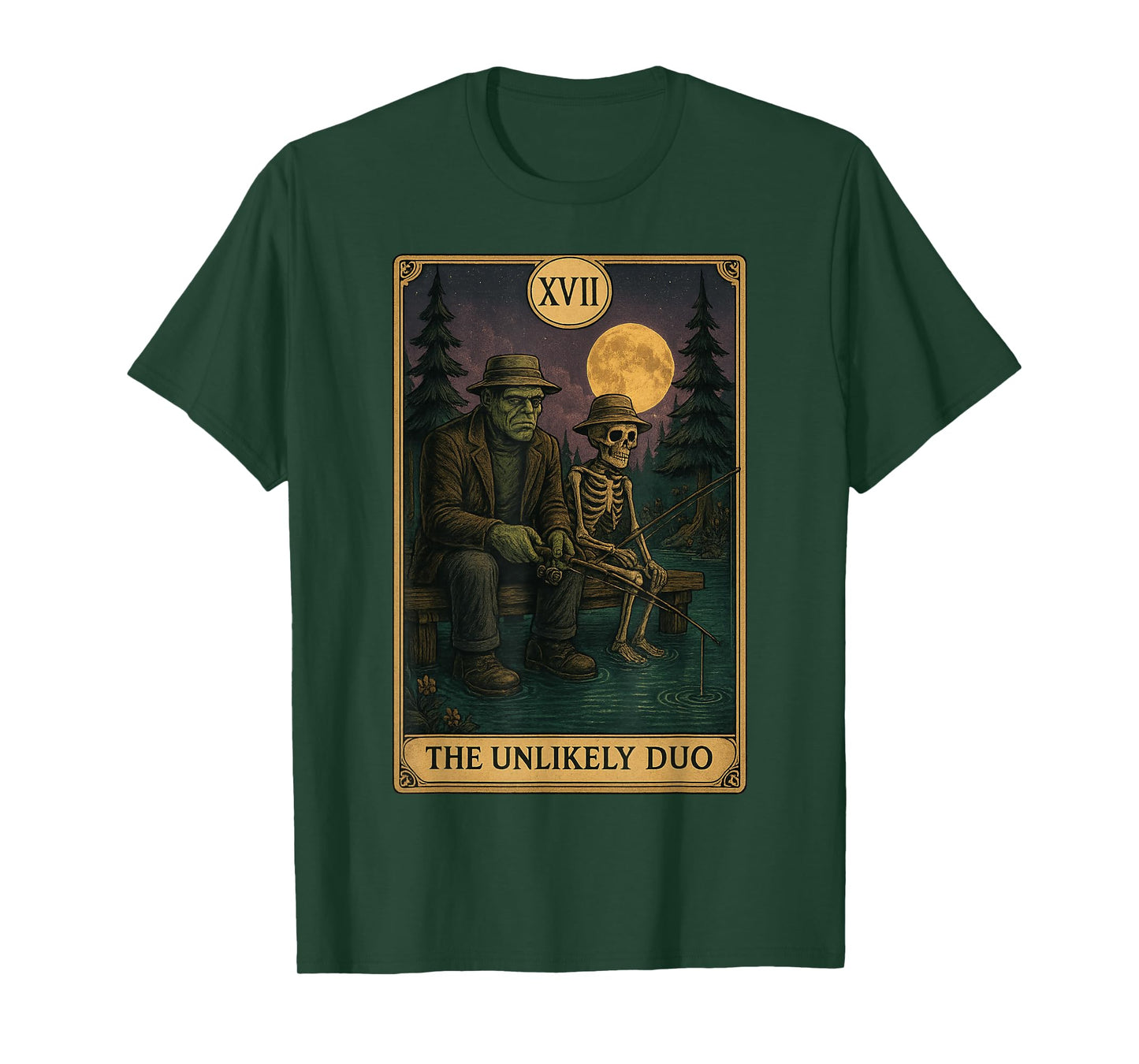 Tarot Card The Unlikely Duo Frankeinstein Skeleton Fishing T-Shirt