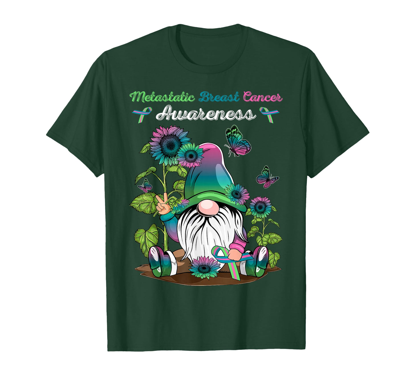 Metastatic Breast Cancer Gnome With Green Teal Pink Ribbon T-Shirt