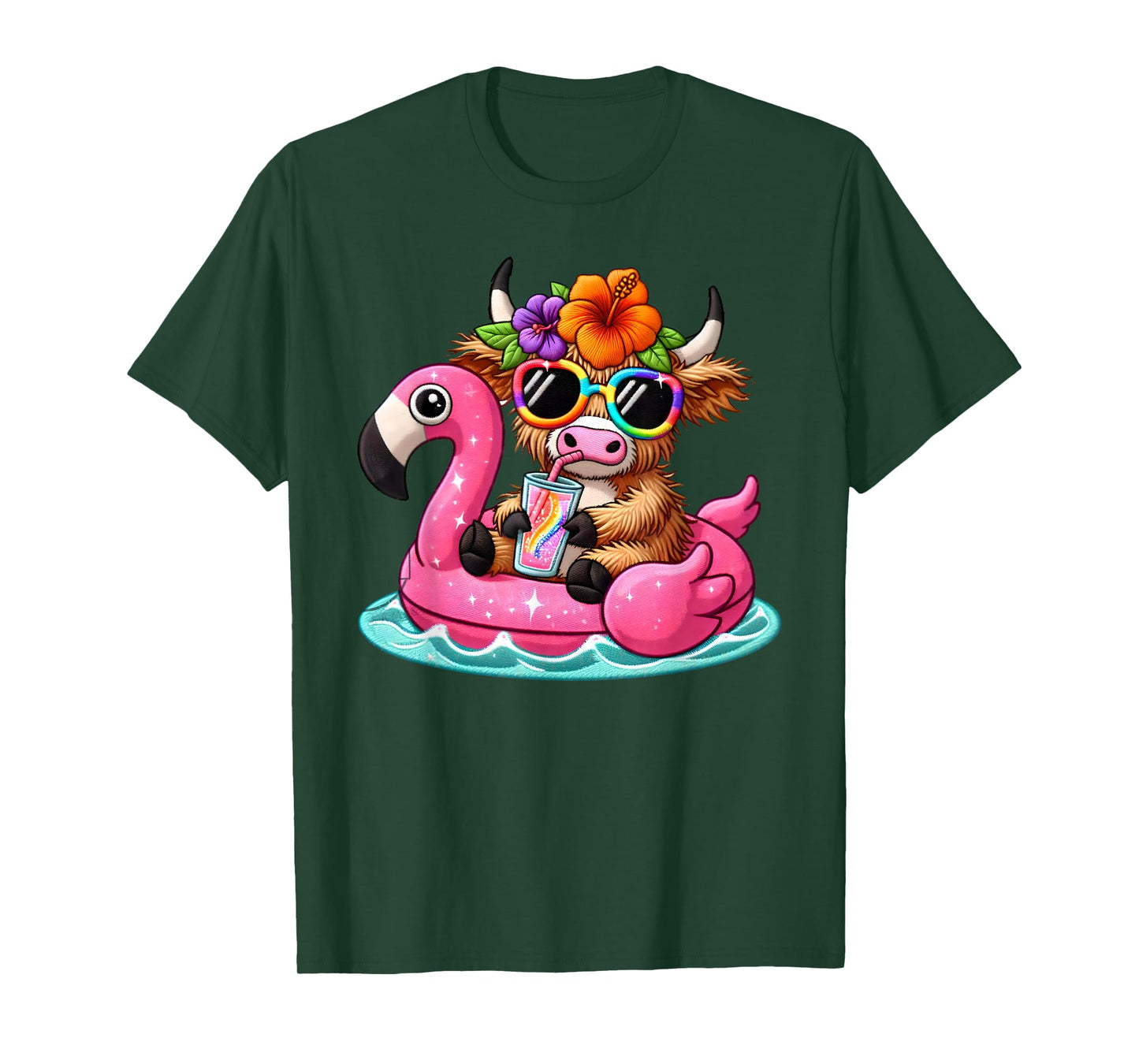 Highland Cow Flamingo Pool Float Summer Hawaii Beach Family T-Shirt