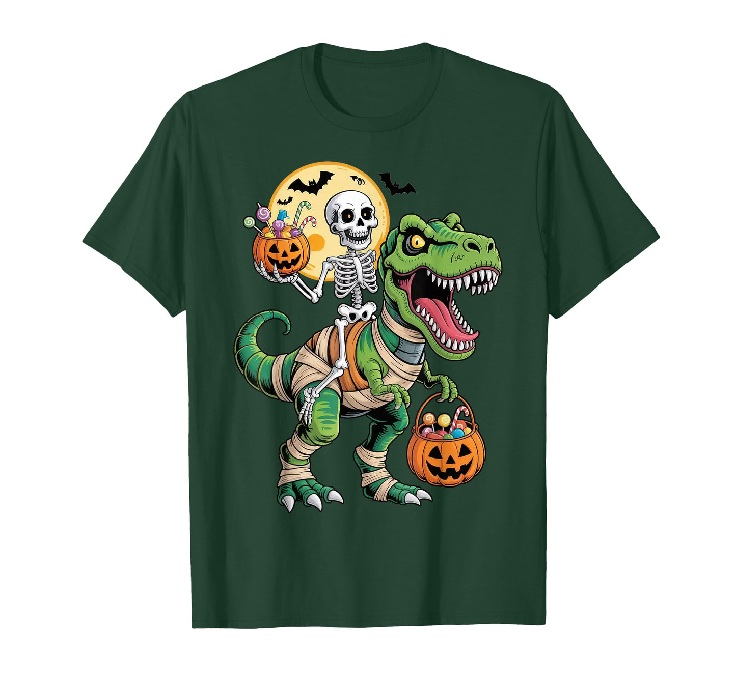 Skeleton Riding Mummy Dinosaur T rex Halloween Funny Pumpkin T-Shirt