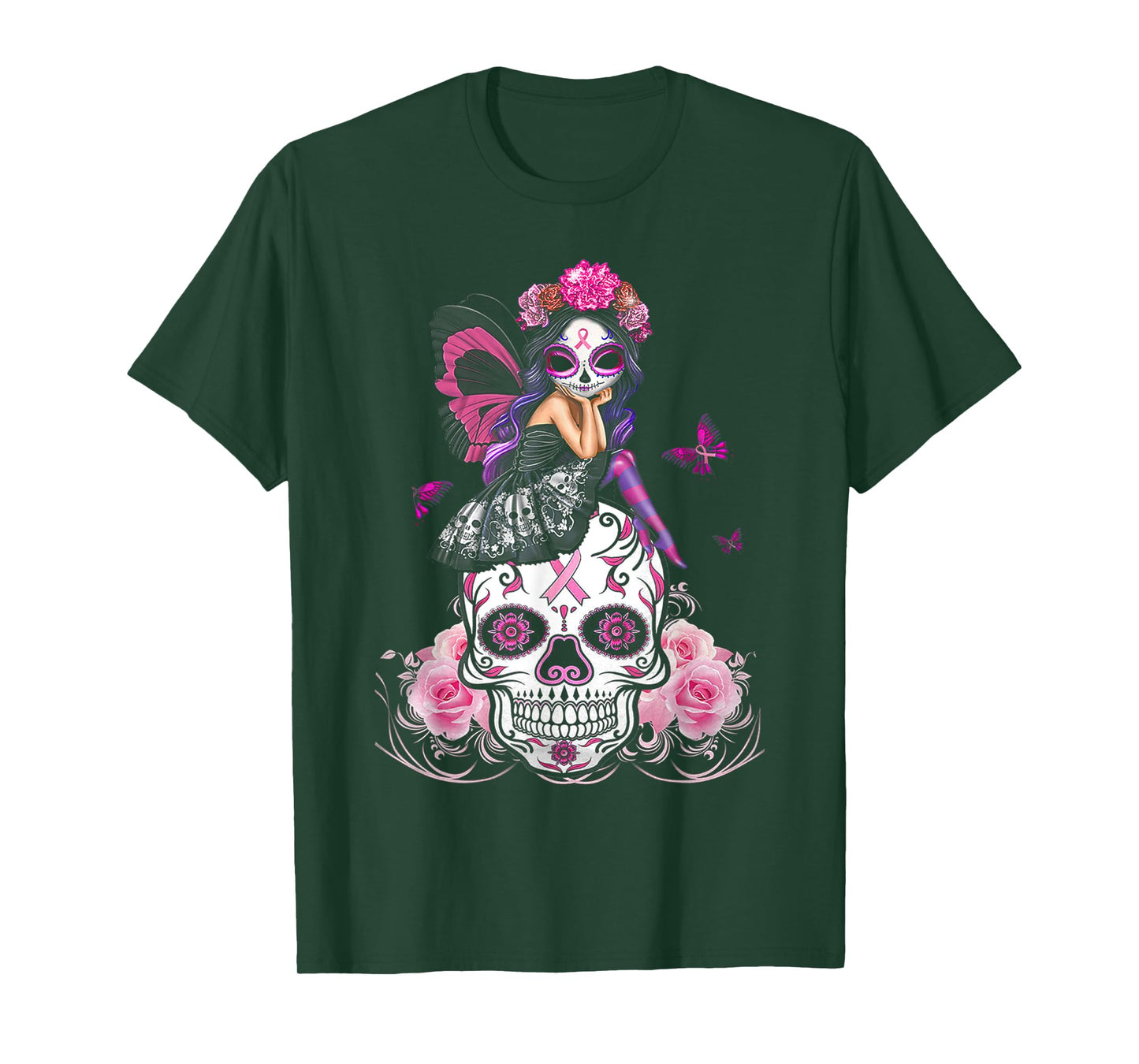 Fairy Sugar Skull Breast Cancer Butterfly Pink Ribbon Woman T-Shirt