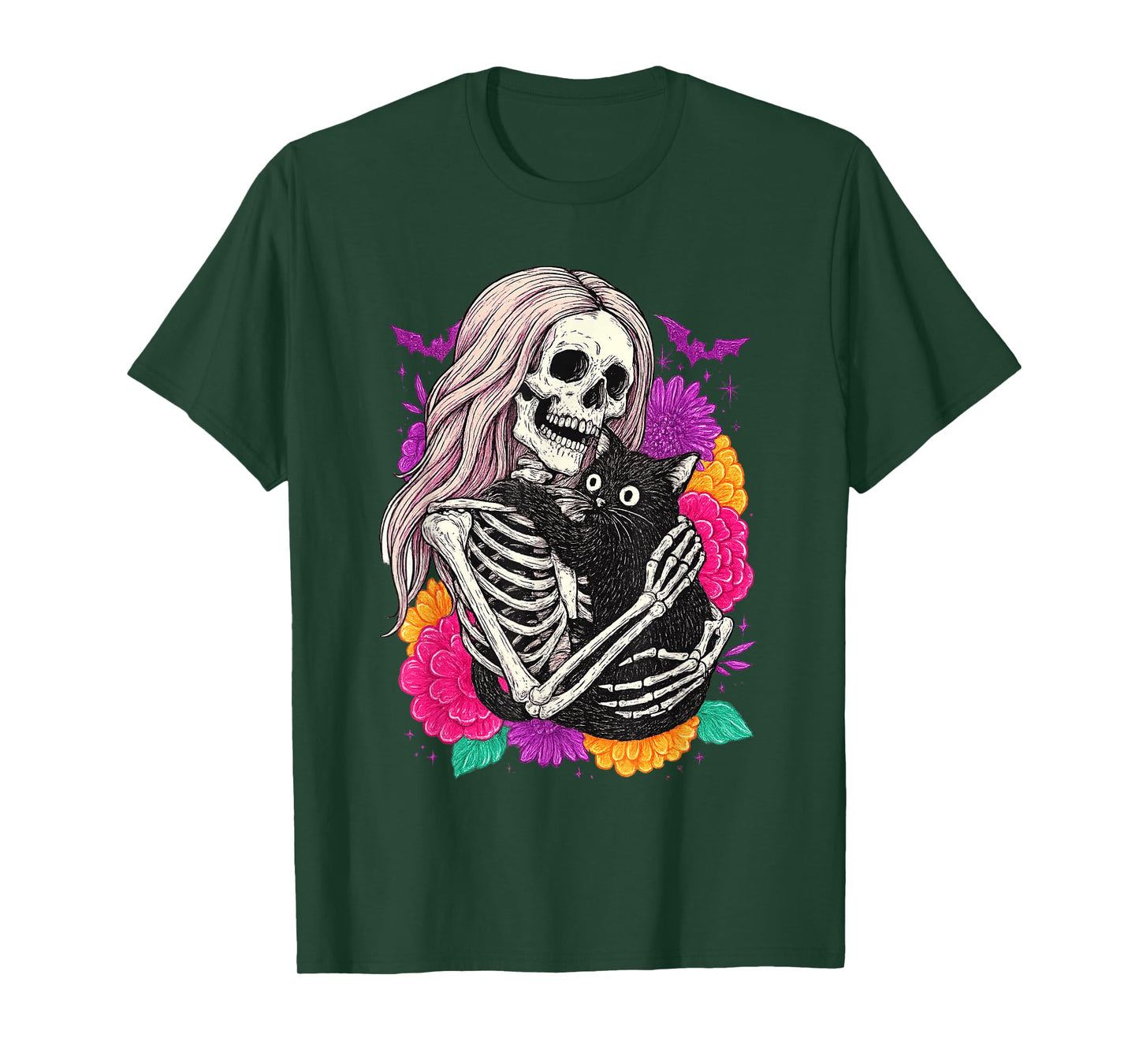 Skeleton Hugging Cat Floral Gothic Halloween Tee T-Shirt
