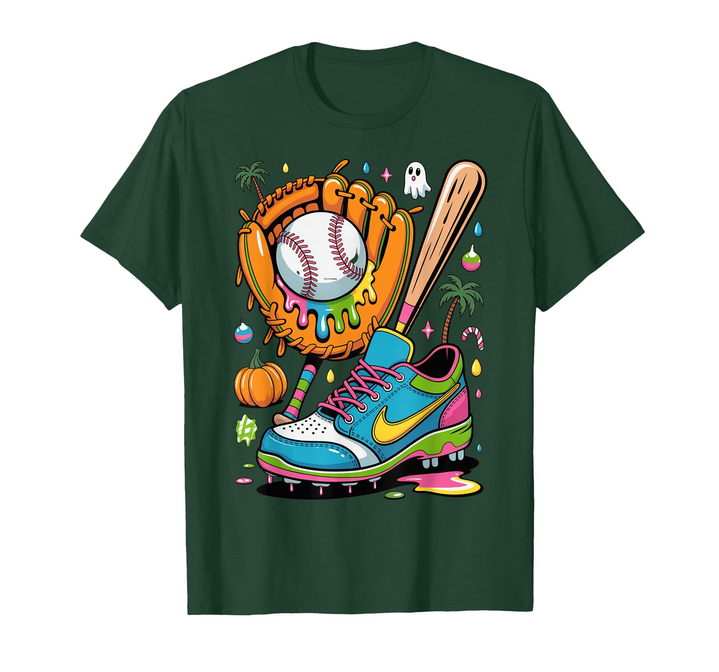 Colorful Dripping Baseball Glove Bat Cleat Funny Halloween T-Shirt
