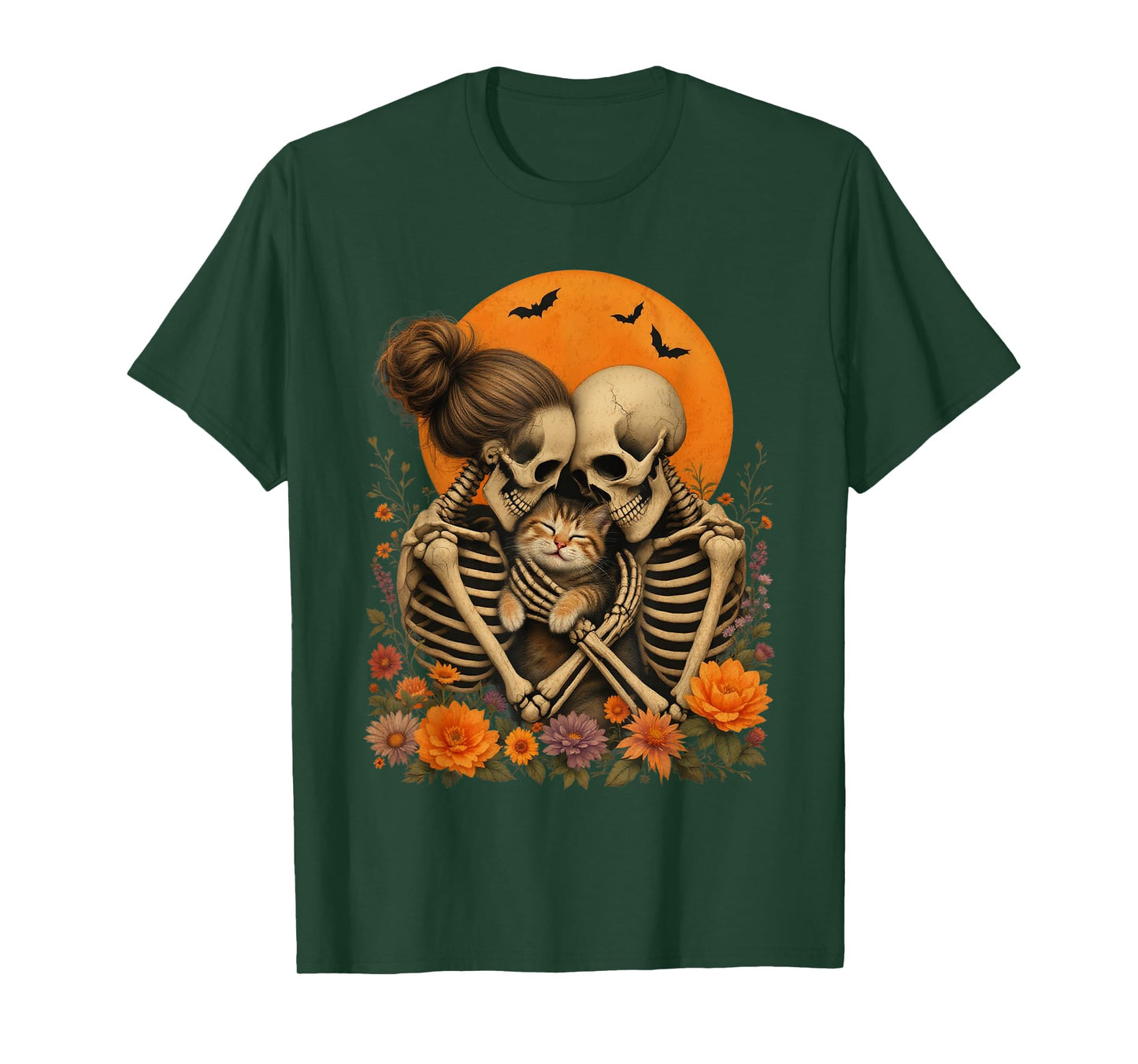 Skeleton Hugging Cat Floral Halloween Cat Lover Mom Costume T-Shirt