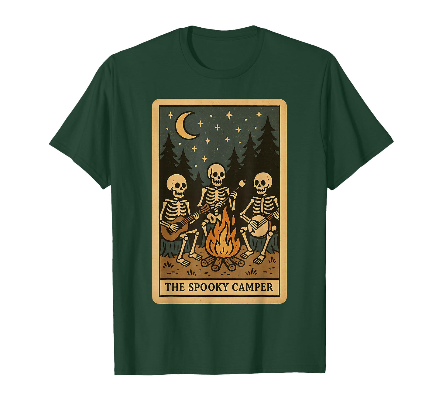 Spooky Skeleton Camper Halloween Night Campfire Retro Tarot T-Shirt