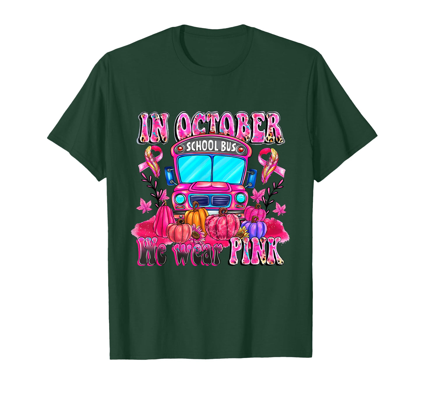 In October We Wear Pink School Bus Halloween Skeleton Outfit T-Shirt