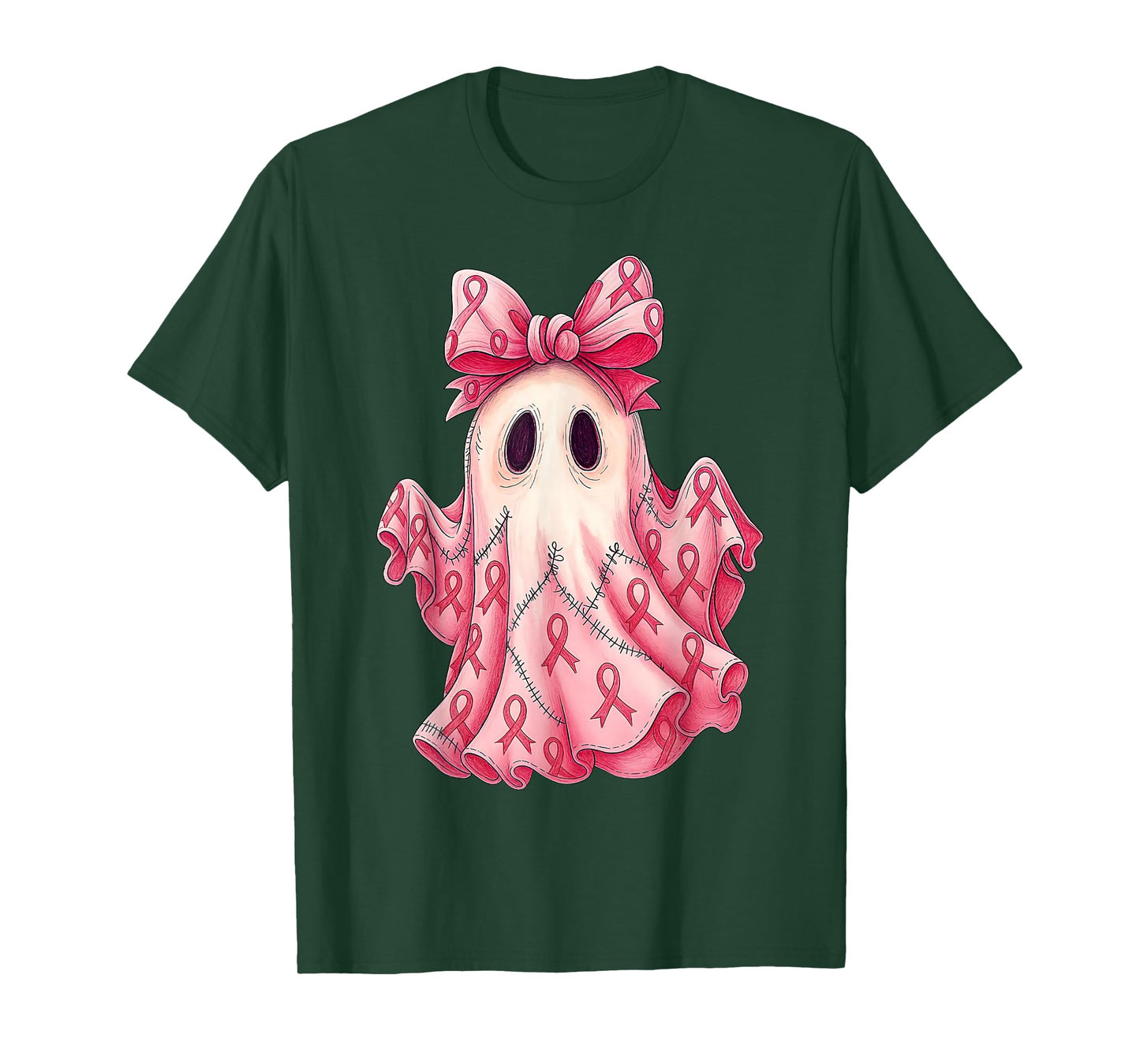 Cute Pink Ribbon Patchwork Ghost Breast Cancer Halloween T-Shirt
