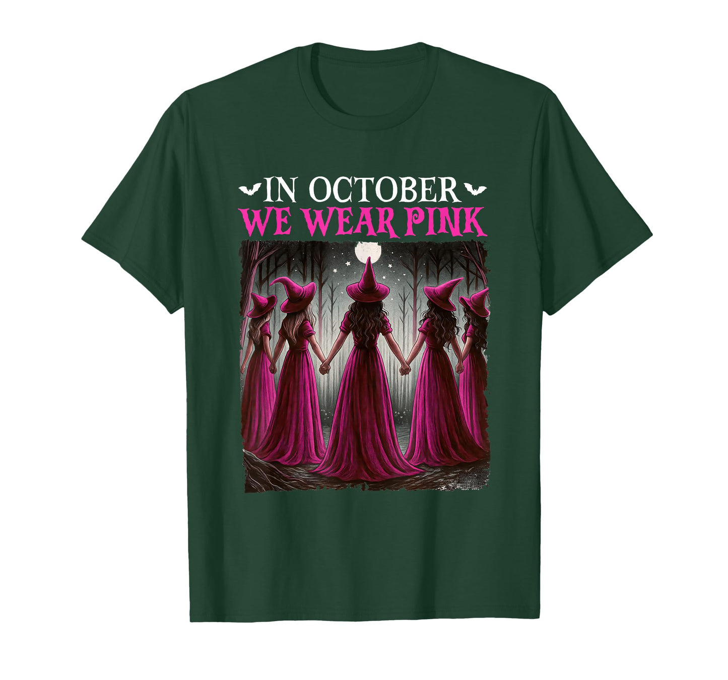 in October We Wear Pink Witch Halloween Breast Cancer Women T-Shirt