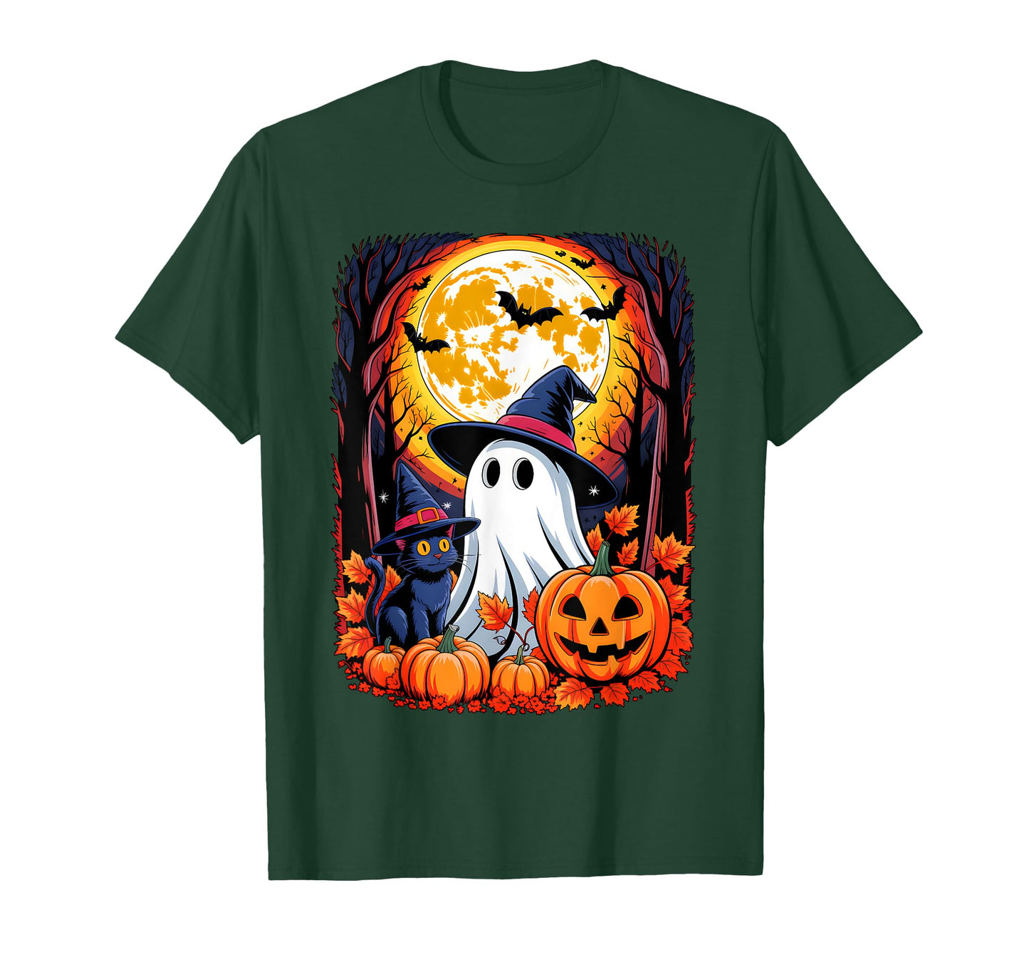 Cute Ghost Black Cat Halloween Witch Pumpkin Dark Forest T-Shirt