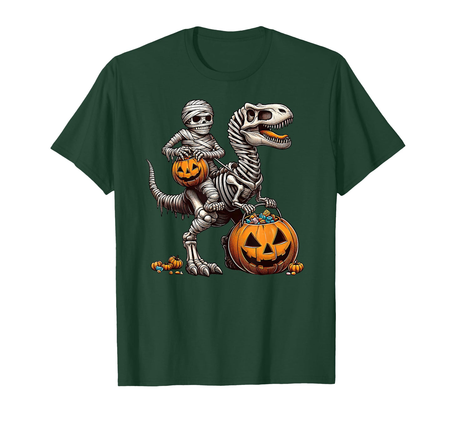 Mummy Skeleton Riding Dinosaur T Rex Pumpkin Moon T-Shirt