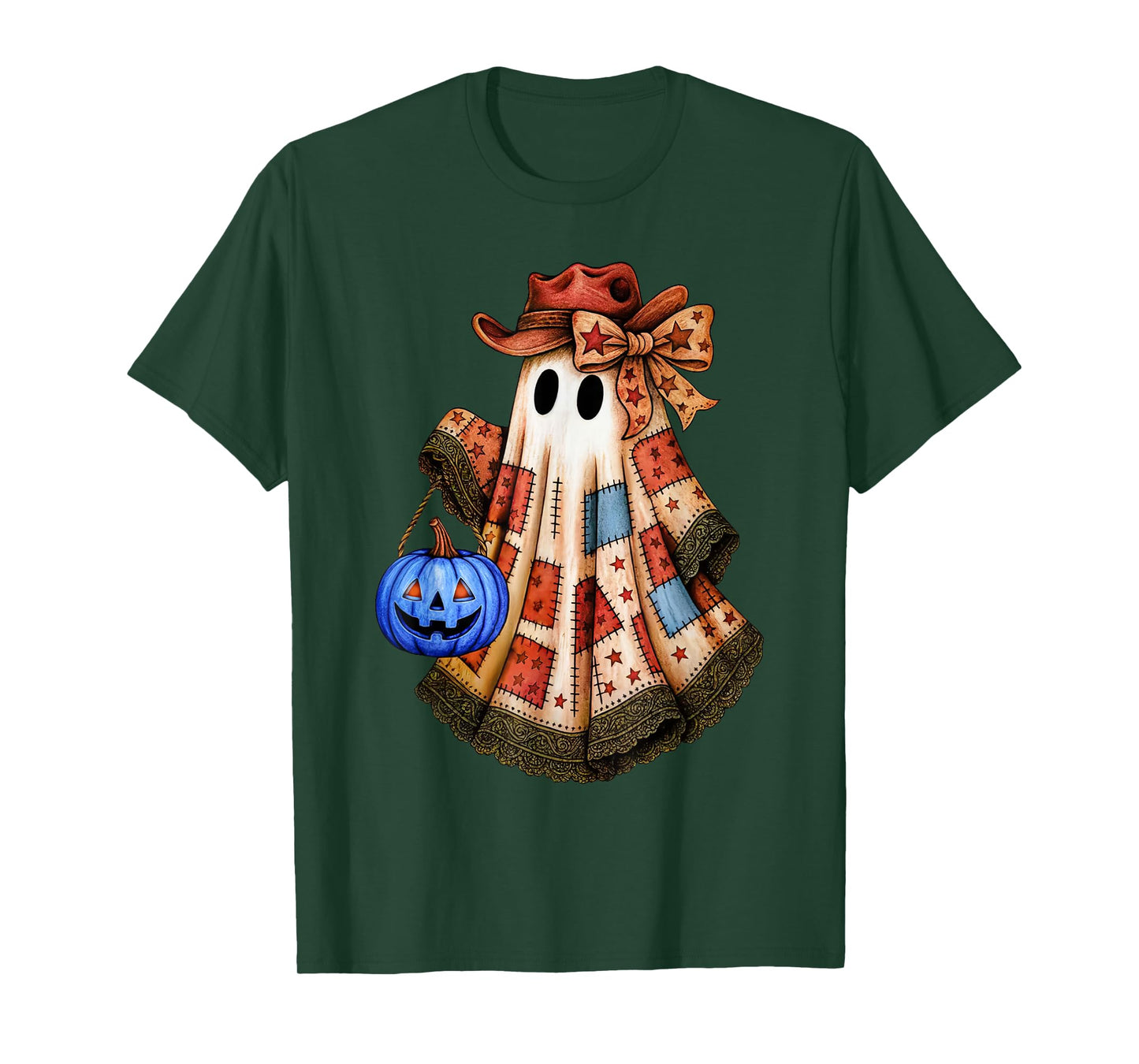 Preppy Girly Coquette Bow Patchwork Ghost Fall Halloween T-Shirt