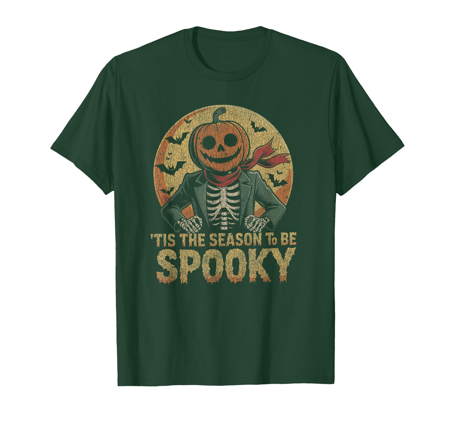 Skeleton with Pumpkin Head in Front of Full Moon and Bats T-Shirt