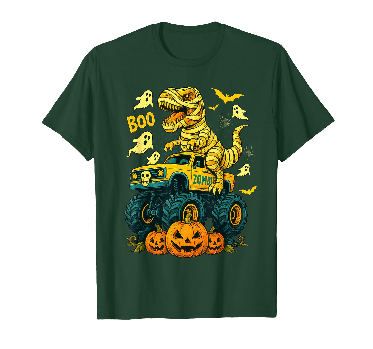 Mummy T Rex Dinosaur and Monster Truck Boo Pumpkin Halloween T-Shirt