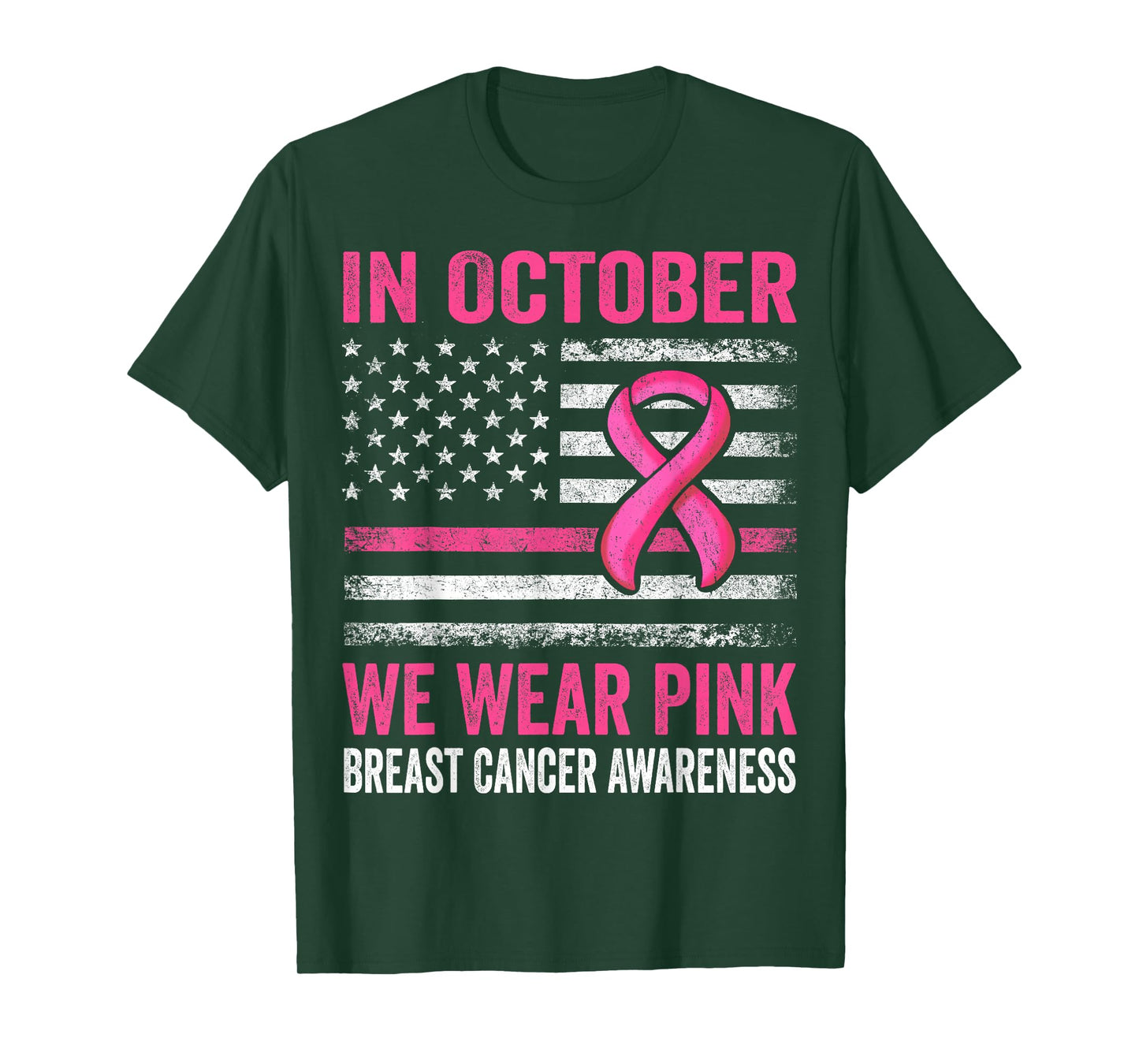 In October we Wear Pink Us Flag Breast Cancer Awareness T-Shirt