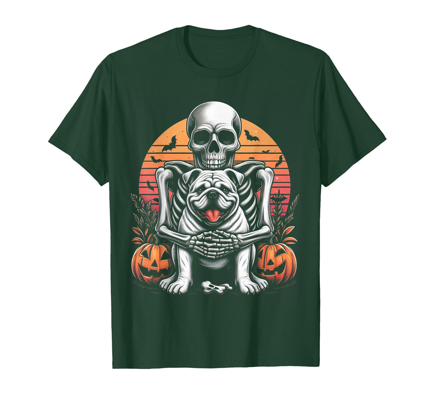 Skeleton Hugging Bulldog Halloween Lover Mom Dad T-Shirt
