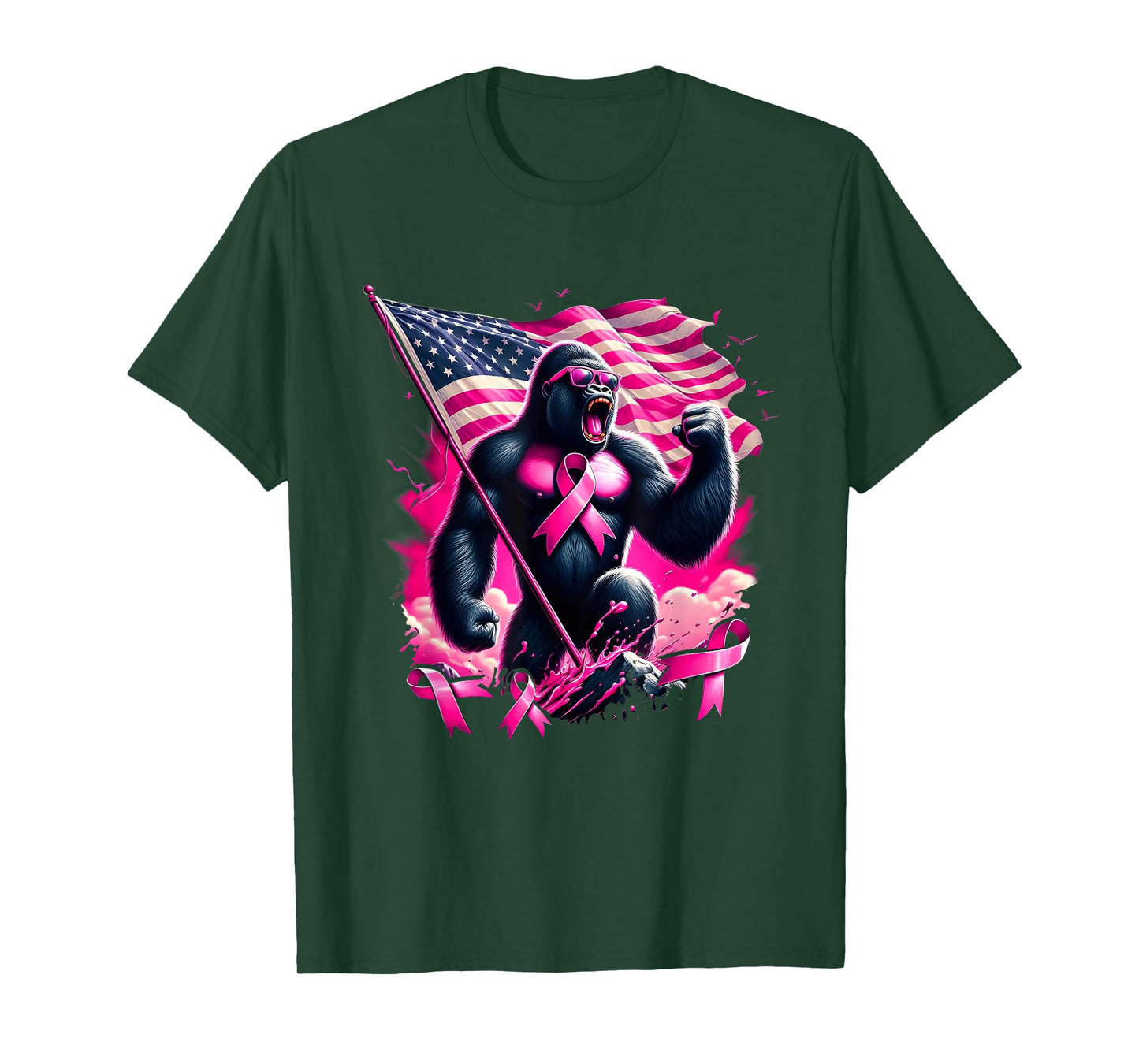 Pink Ribbon Gorilla Breast Cancer Awareness Month USA Flag T-Shirt