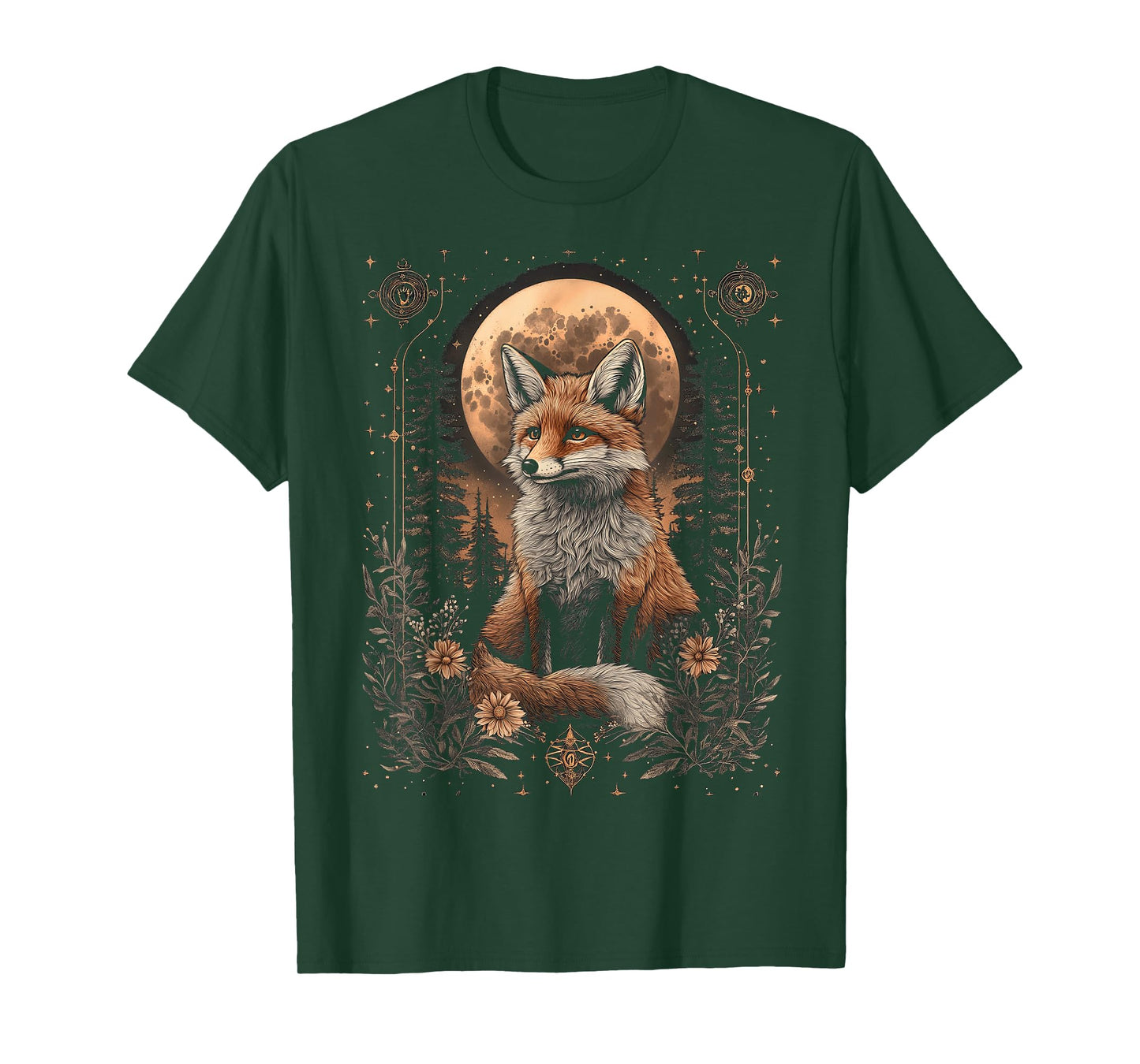 mystic moon and moonphase fox mystical flowers aesthetic T-Shirt