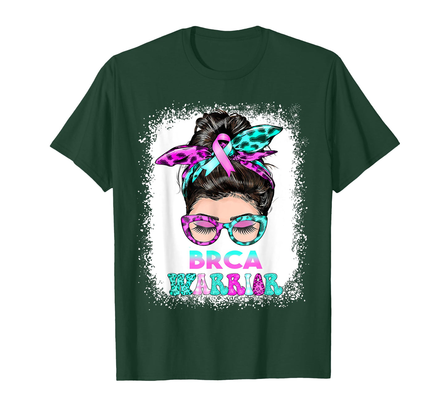 BRCA Warrior, pink-teal Messy Bun Breast Cancer Awareness T-Shirt