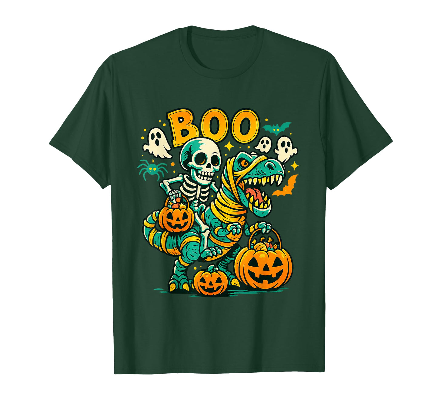 Skeleton Riding Dinosaur T Rex Scary Boo Pumpkin Halloween T-Shirt